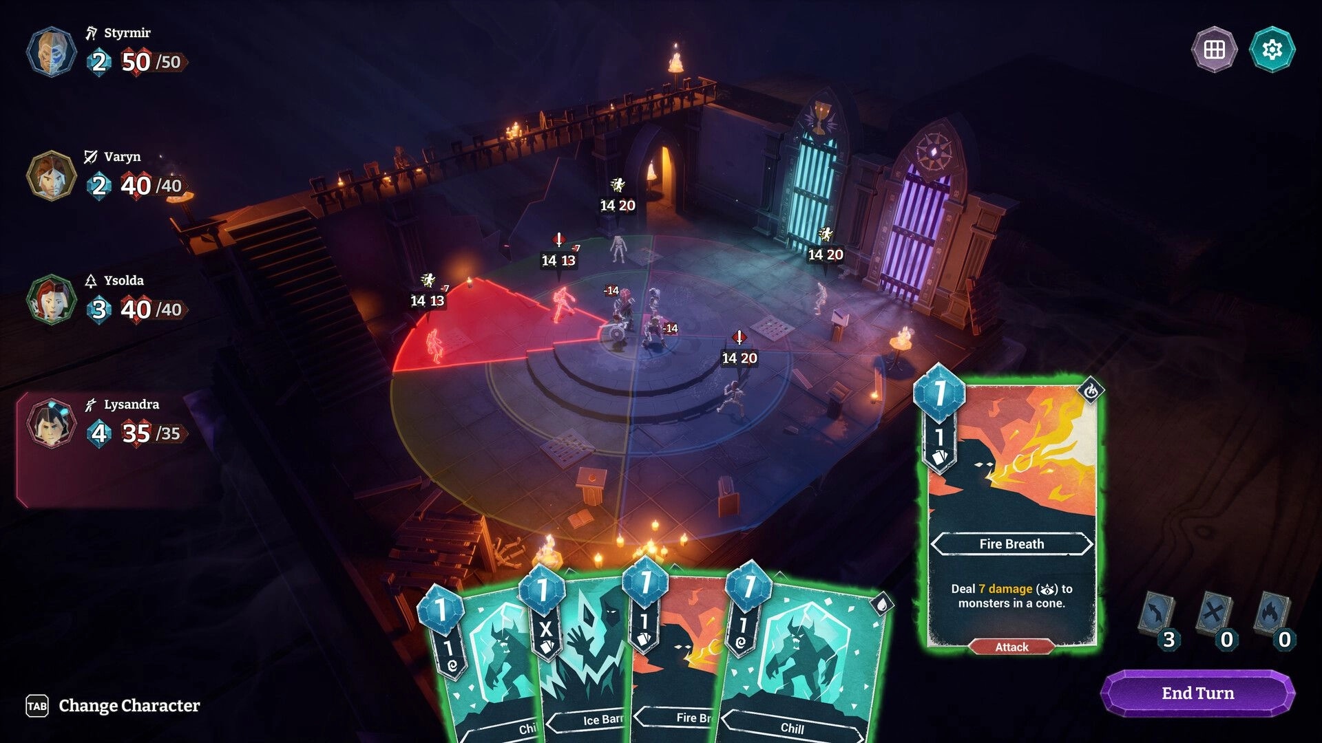 HELLCARD II: Fire Breath card aimed in cone attack during turn-based battle in torchlit dungeon arena.