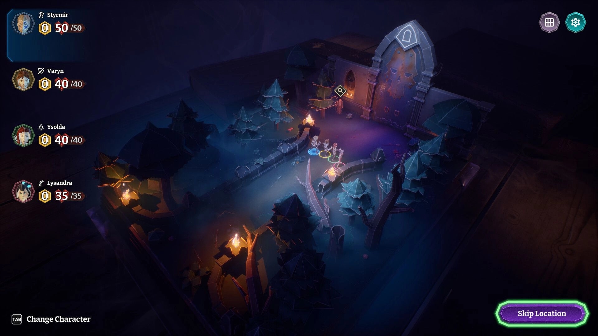 HELLCARD II: Party tokens approach a skull-marked dungeon gate on a dark forest map with UI stats.