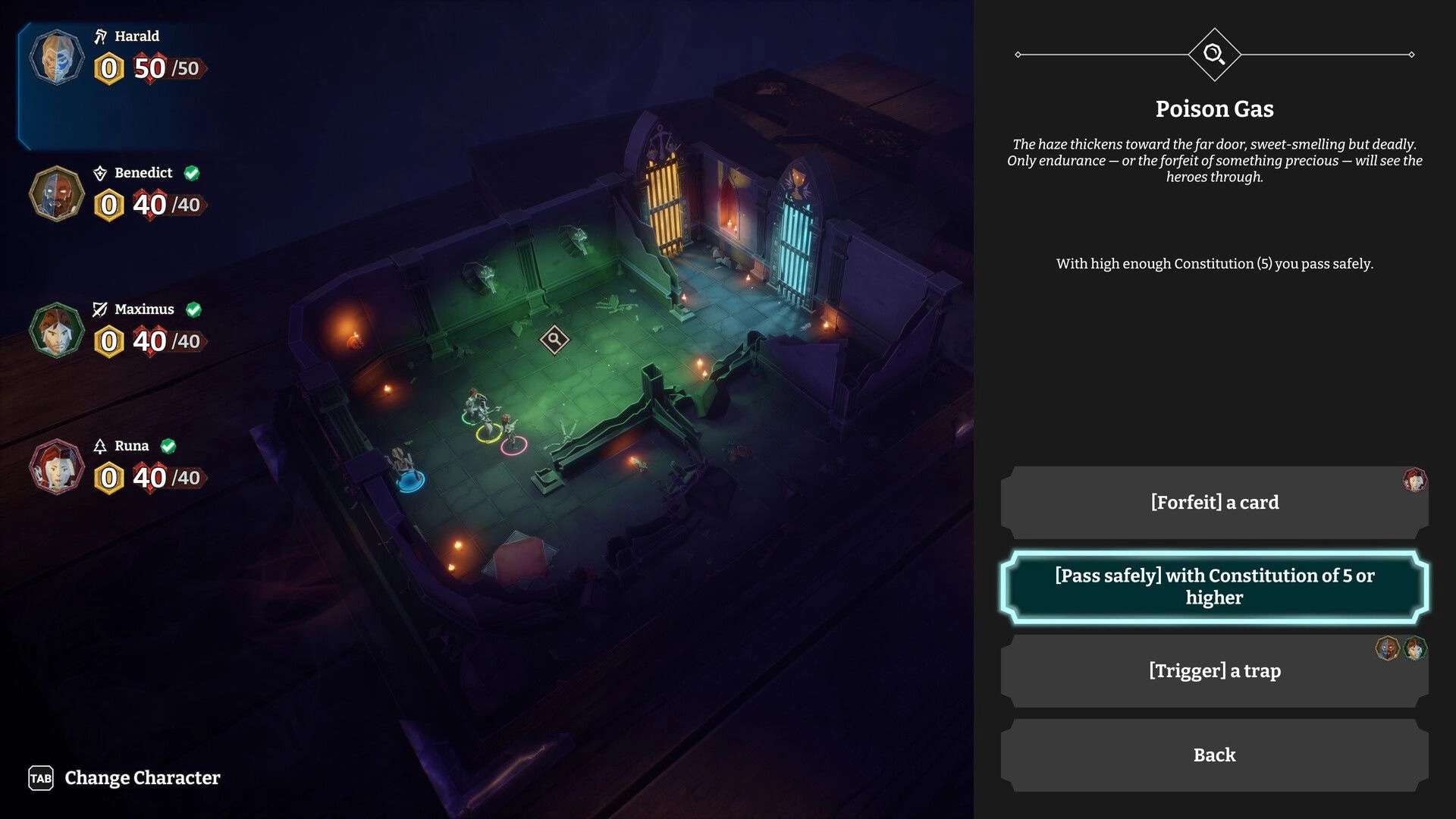 HELLCARD II: Party explores dungeon room as Poison Gas event menu offers pass safely or trigger trap.
