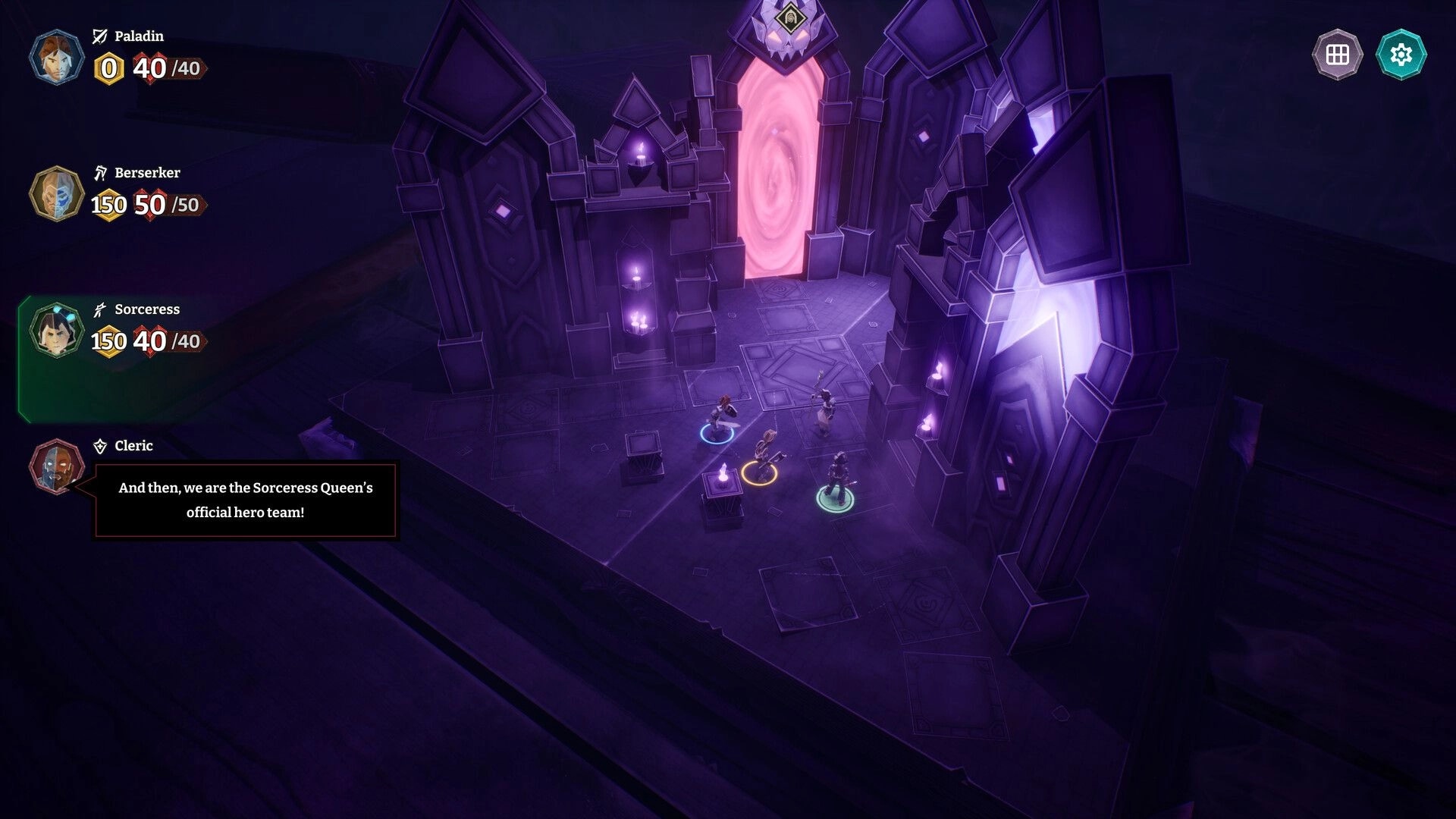 HELLCARD II: Four heroes near a glowing portal, party stats and dialogue box in a purple dungeon room.