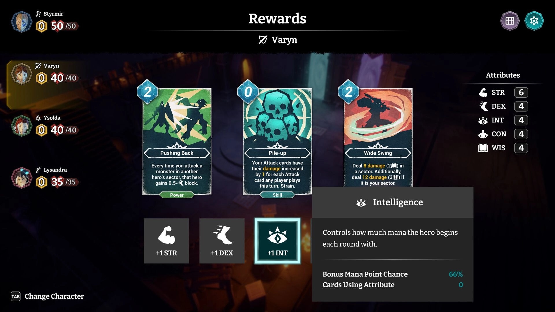 HELLCARD II: Rewards screen for Varyn with three card choices and +1 INT highlighted in dungeon UI.