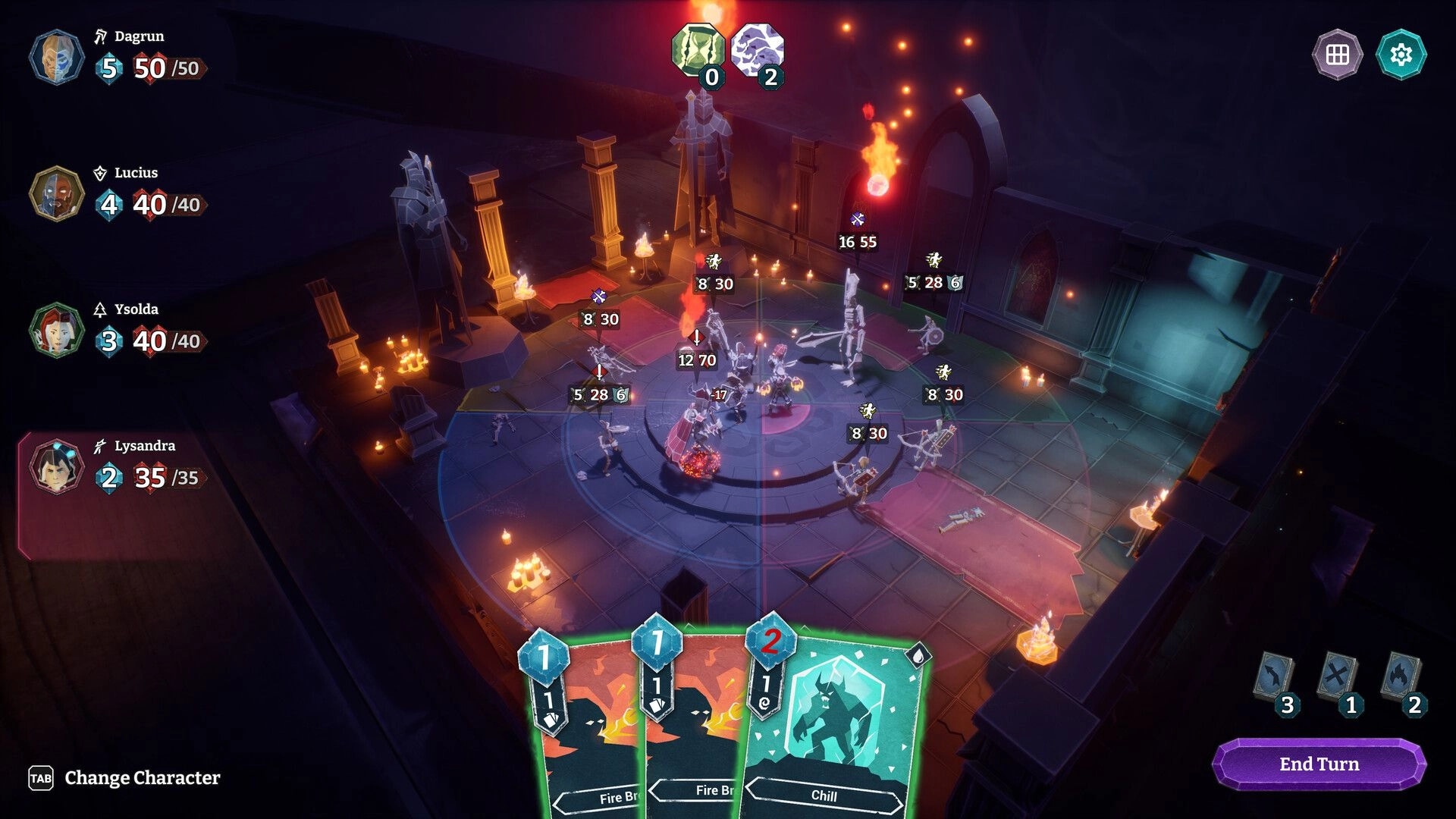 HELLCARD II: Turn-based battle UI with party stats and card hand in a candlelit dungeon arena.