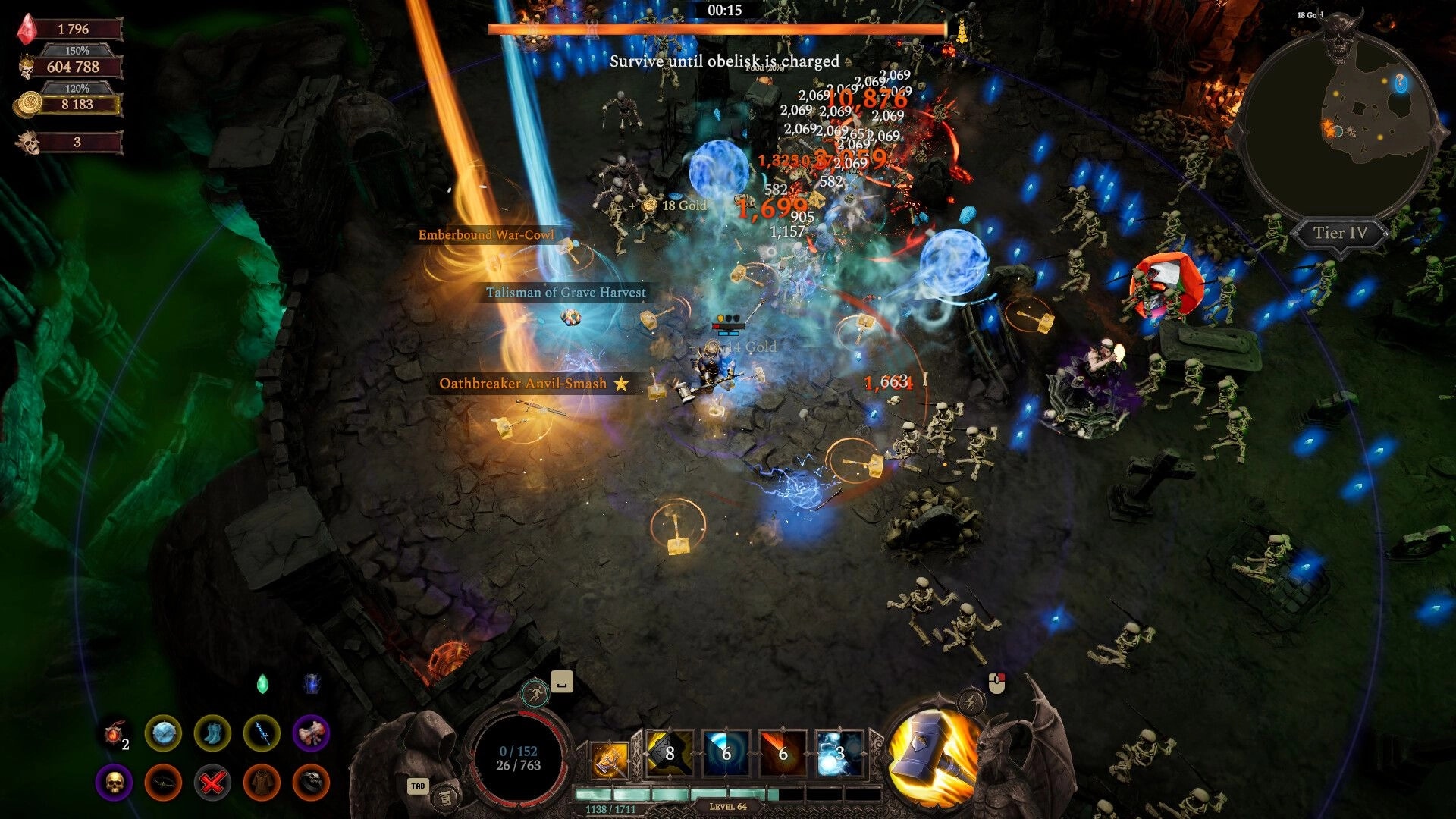 Hellforged: Hero unleashes icy blasts on swarming skeletons amid loot drops in a dark crypt arena.