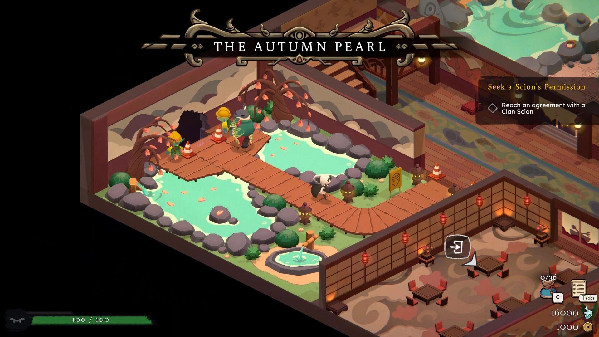 HellHeart Breaker: Player explores The Autumn Pearl garden with ponds and quest tracker on the right UI.