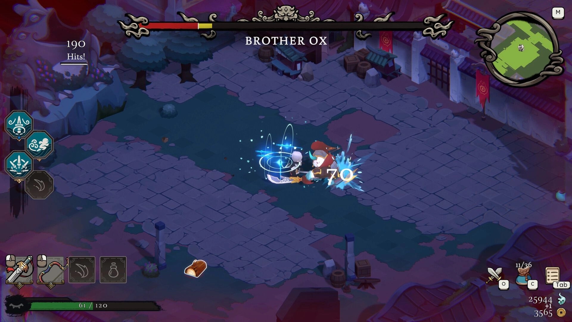HellHeart Breaker: Boss fight vs Brother Ox, player slashes for 70 damage in a ruined courtyard.