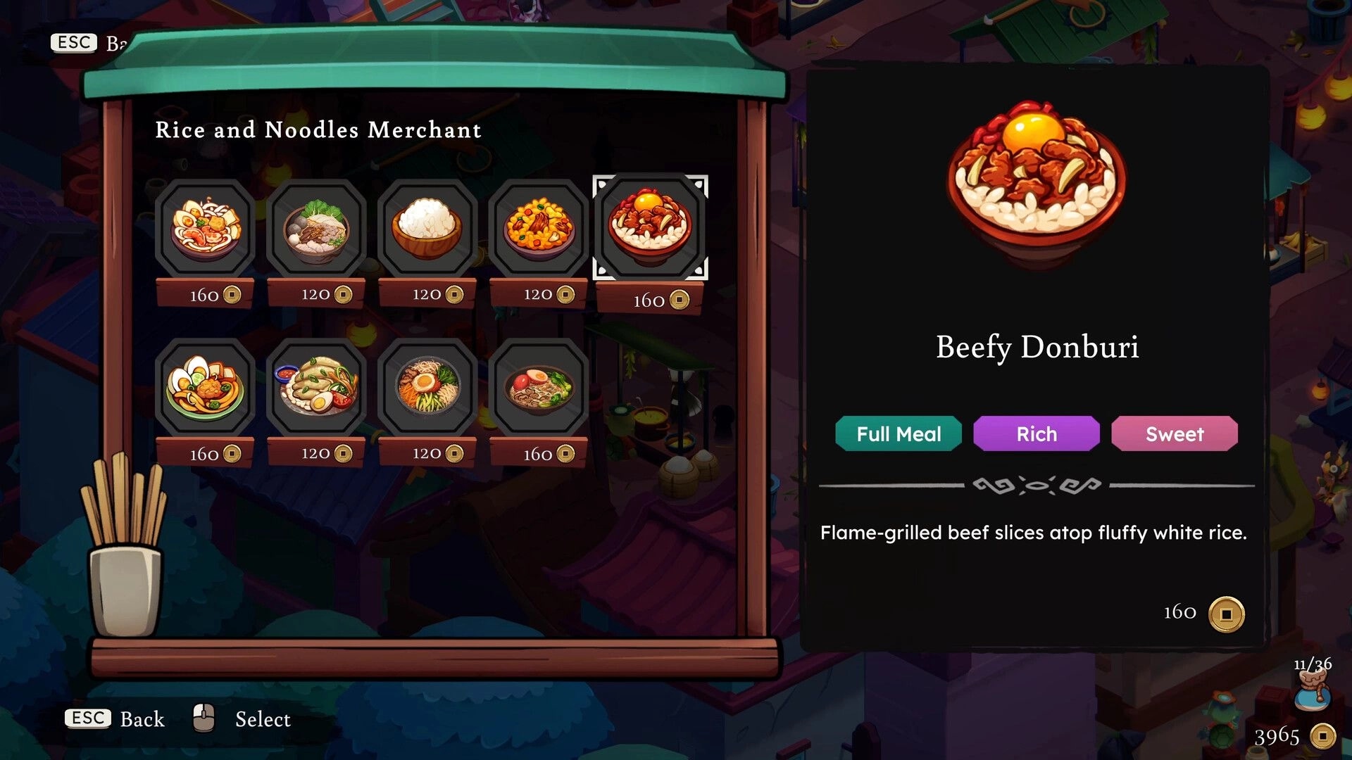 HellHeart Breaker: Rice and Noodles Merchant shop menu highlighting Beefy Donburi in an underworld bazaar.