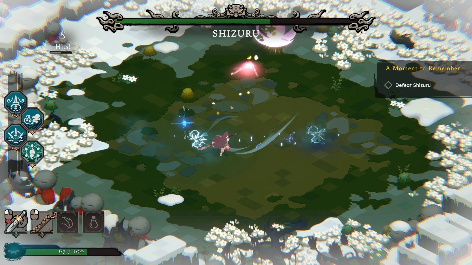 HellHeart Breaker: Boss fight with Shizuru, player slashing in a snowy flower arena with hit counter UI.