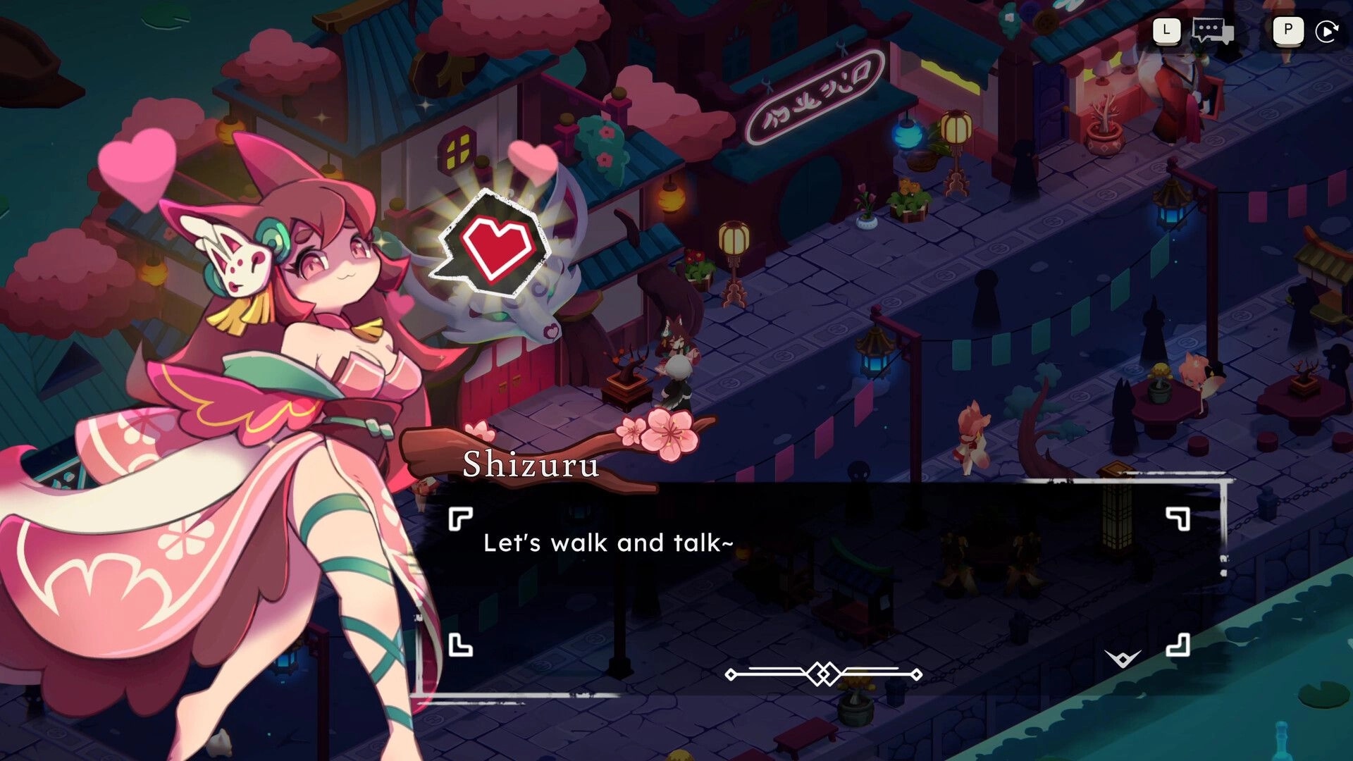 HellHeart Breaker: Shizuru dialogue prompt “Let’s walk and talk~” over lantern-lit town street at night.