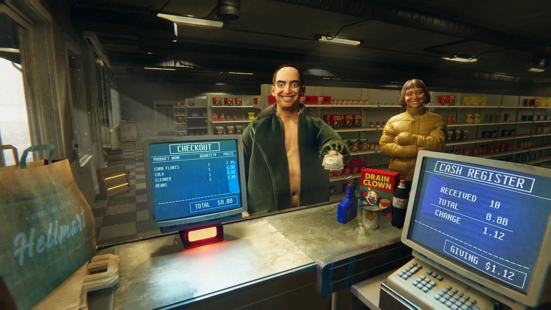 HELLMART: Customer at checkout with cash, surrounded by shelves and cash register interface in store