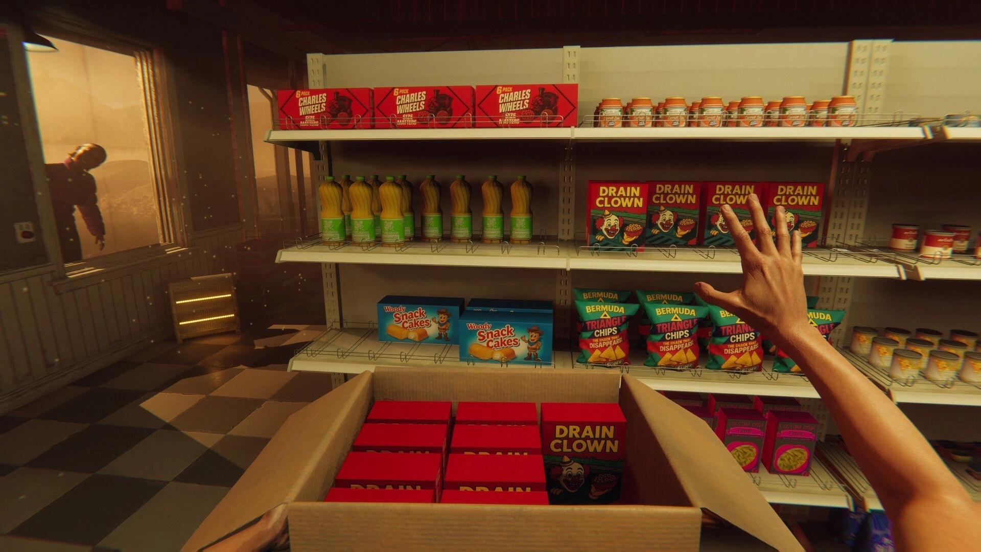 HELLMART: Player reaches for shelf product while eerie figure peers through window of dimly lit store.