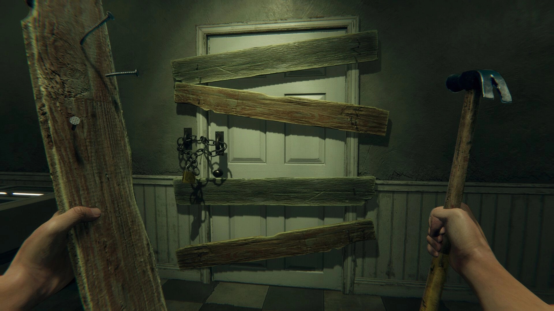 HELLMART: Player holding hammer and plank, barricading door in dimly lit convenience store hallway.