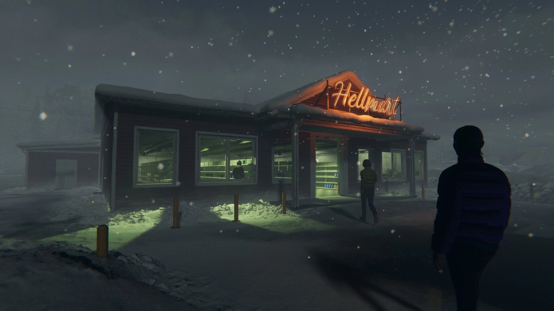 HELLMART: Two figures approach a dimly lit convenience store in a snowy, eerie night setting.