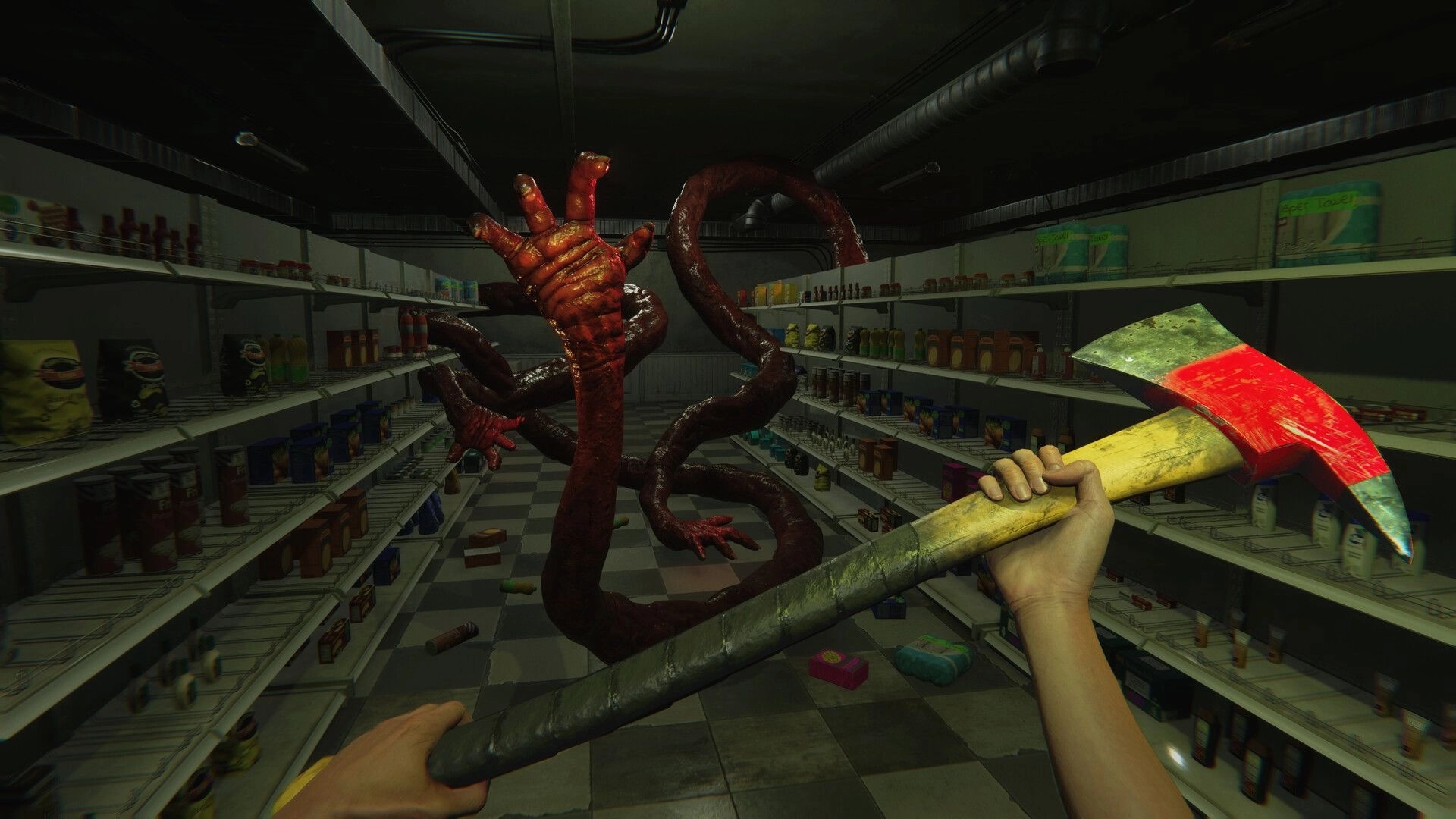 HELLMART: Player confronts monstrous tentacles with axe in dimly lit convenience store aisle.