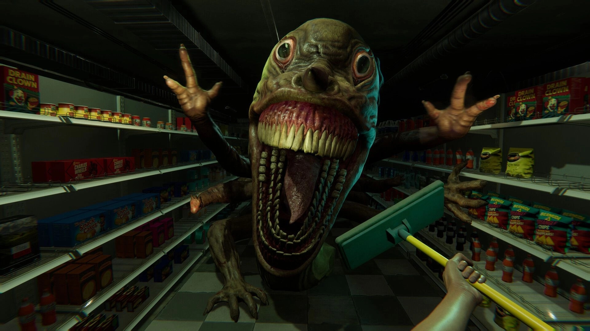 HELLMART: Player defends with mop against giant creature in dimly lit supermarket aisle