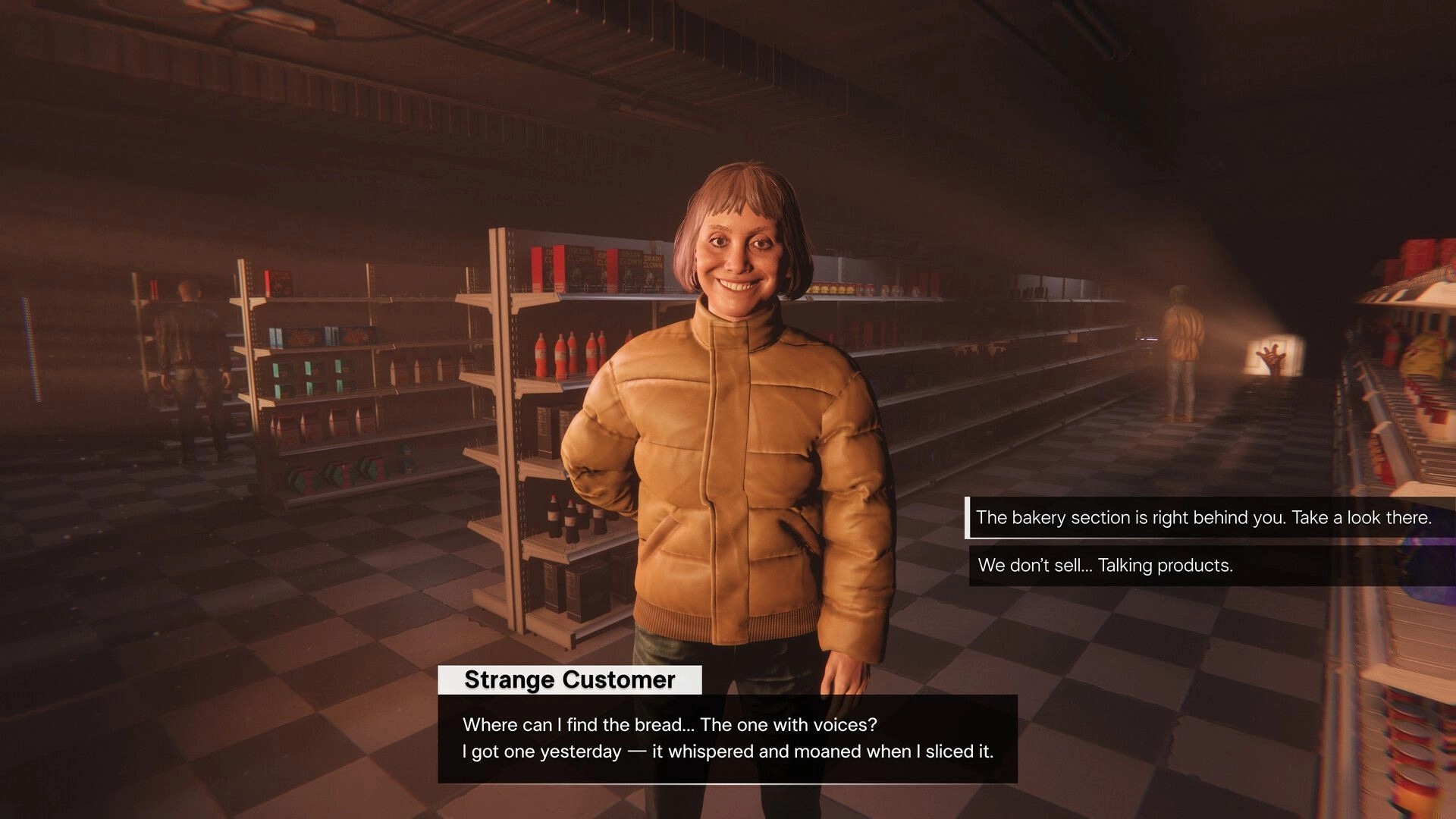 HELLMART: Strange customer interaction in dimly lit supermarket aisle with dialogue options visible.