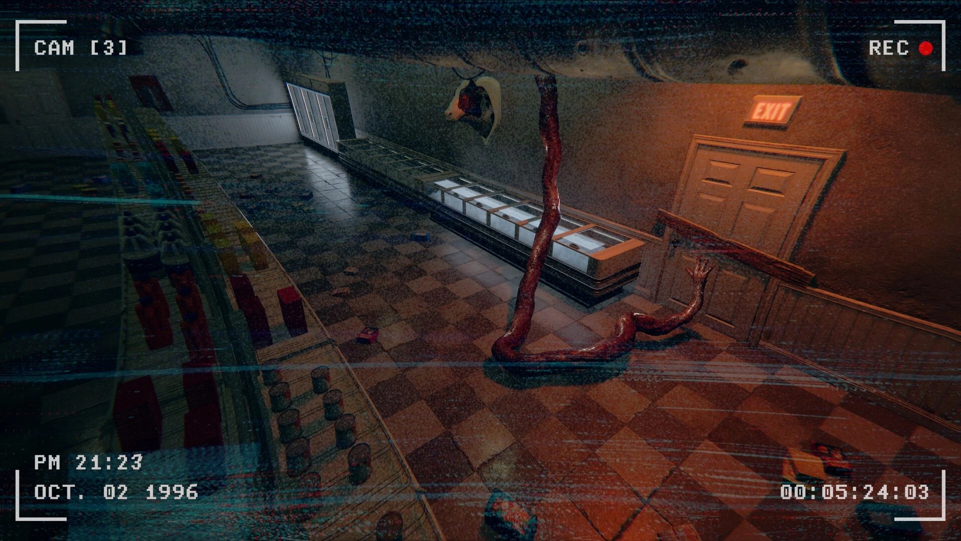 HELLMART: Surveillance view of supermarket aisle with a monstrous tentacle and eerie lighting