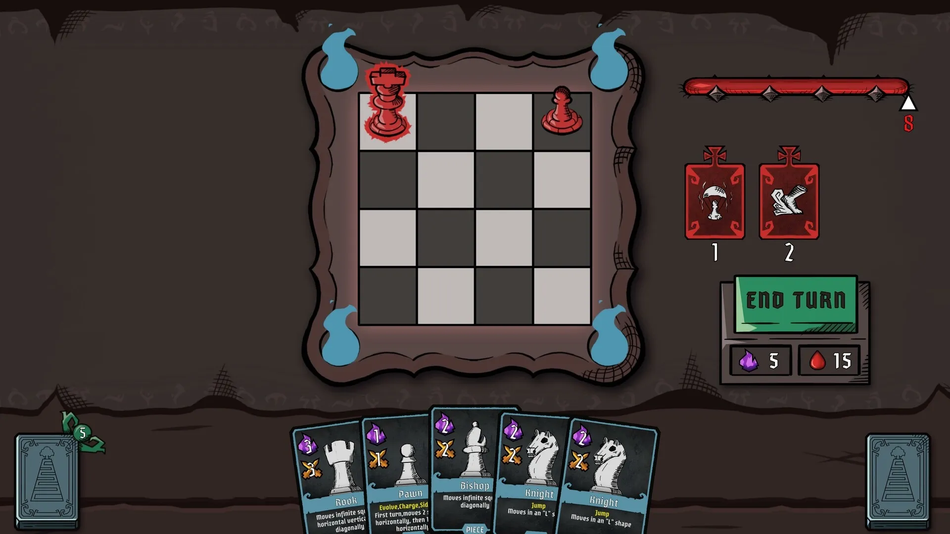 Hellmate: Rook and Pawn on chessboard with card deck and health meters in a darkened dungeon setting.