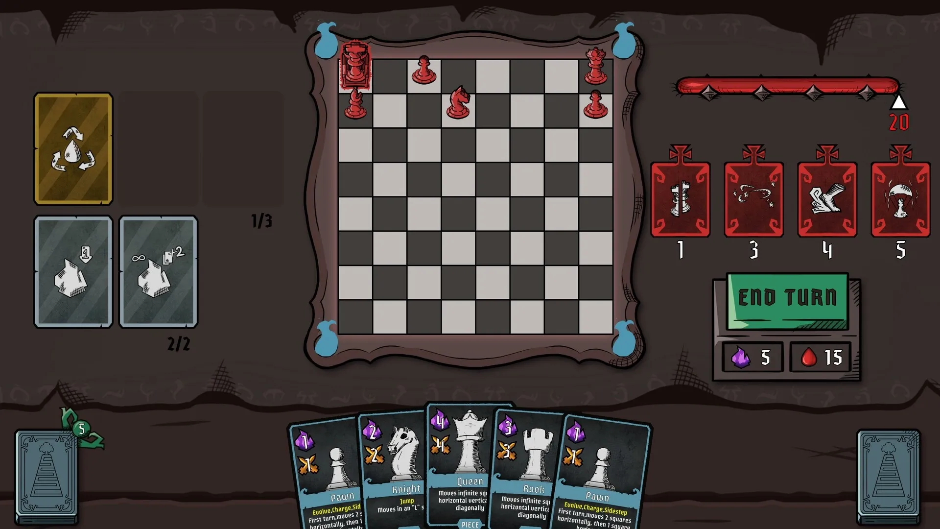 Hellmate: Chessboard with red pieces, player card hand, and end turn button in dark dungeon setting