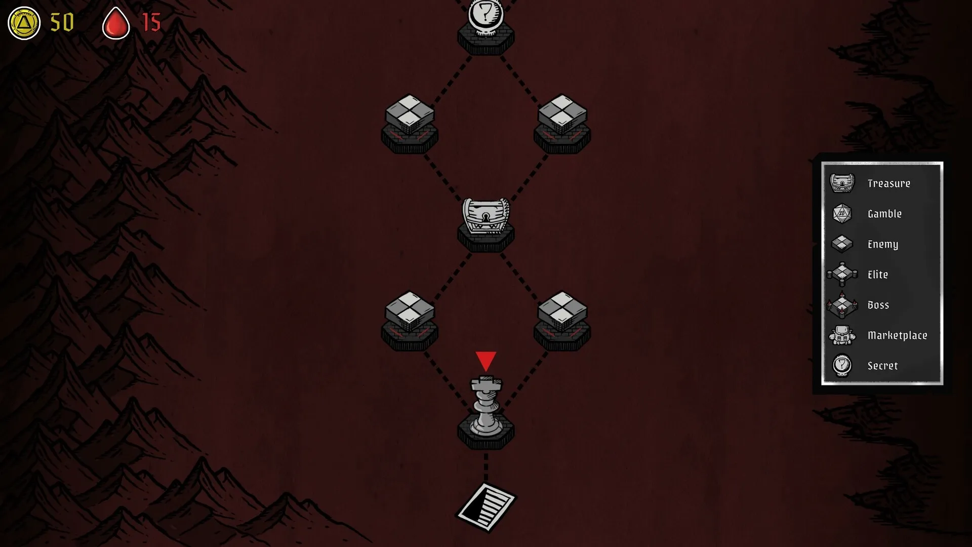 Hellmate: Map screen showing paths and node options with currency and health indicators on the side.