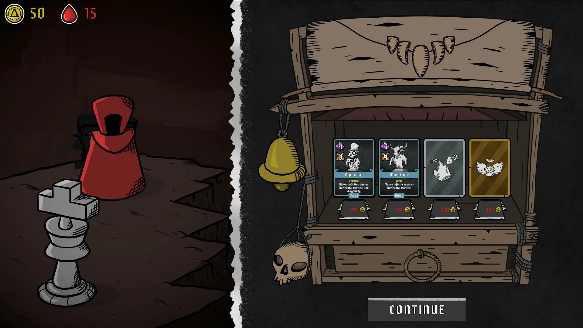 Hellmate: Red chess piece next to merchant stall with cards in dark cavern environment