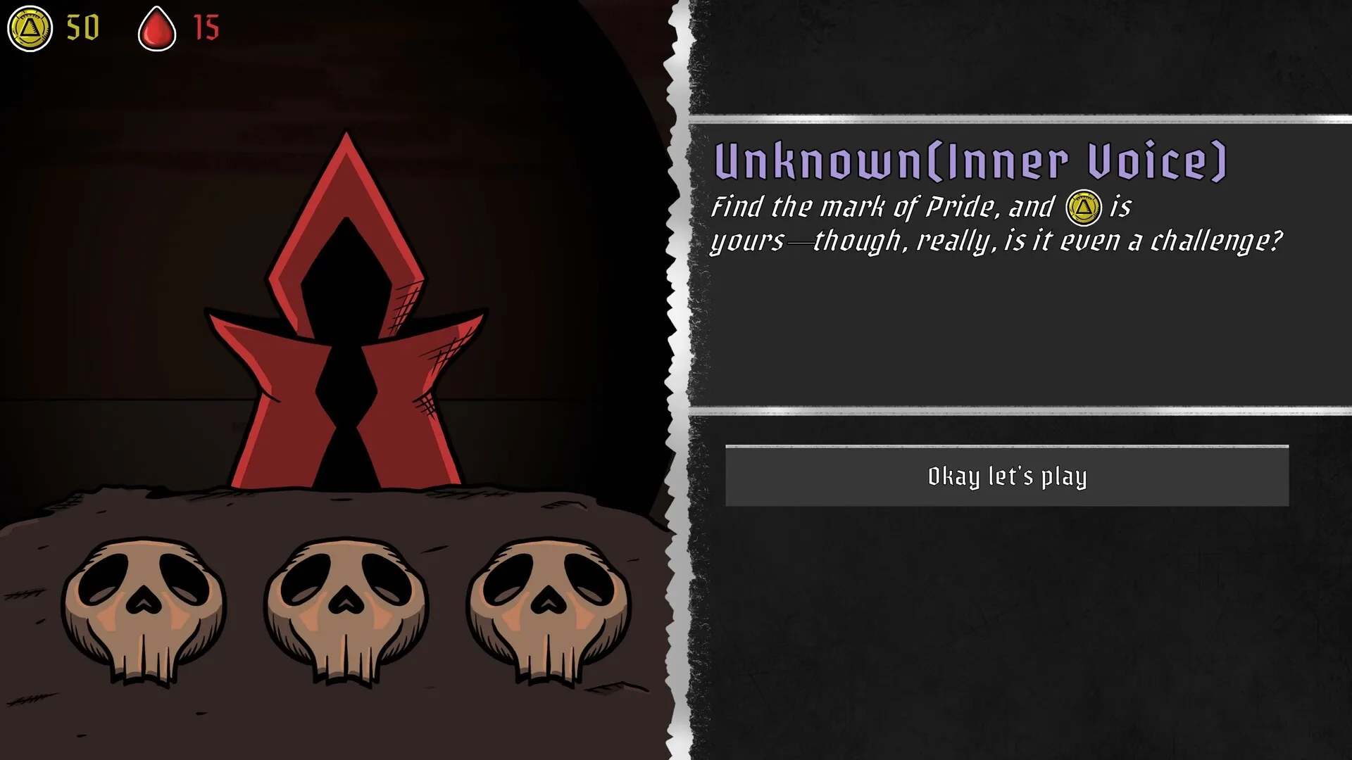 Hellmate: Dialogue with unknown voice beside red-robed figure and three skulls, dark cave setting
