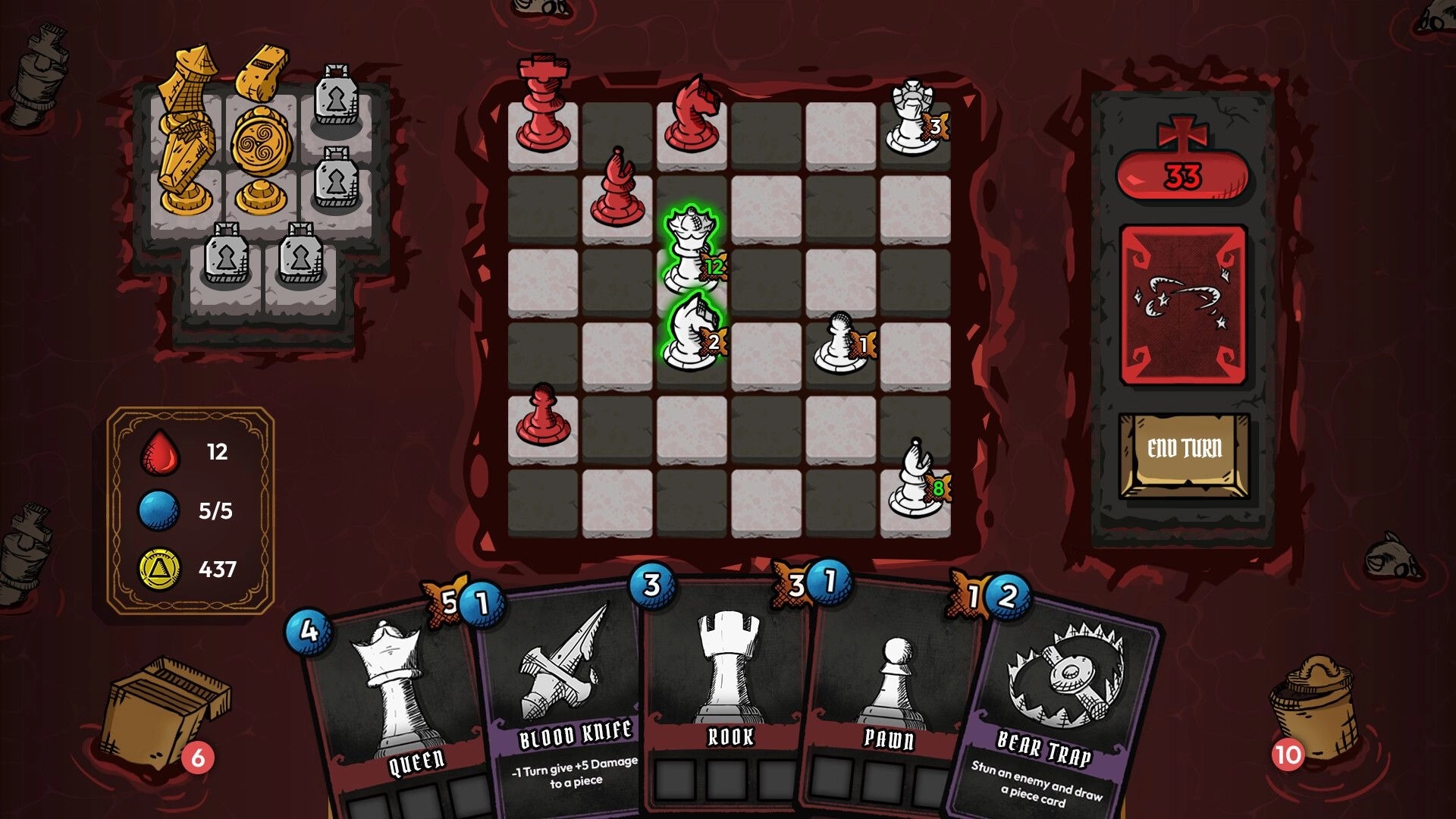 Hellmate: Chess battle grid with white pieces highlighted, cards in hand, and End Turn UI in Hell.