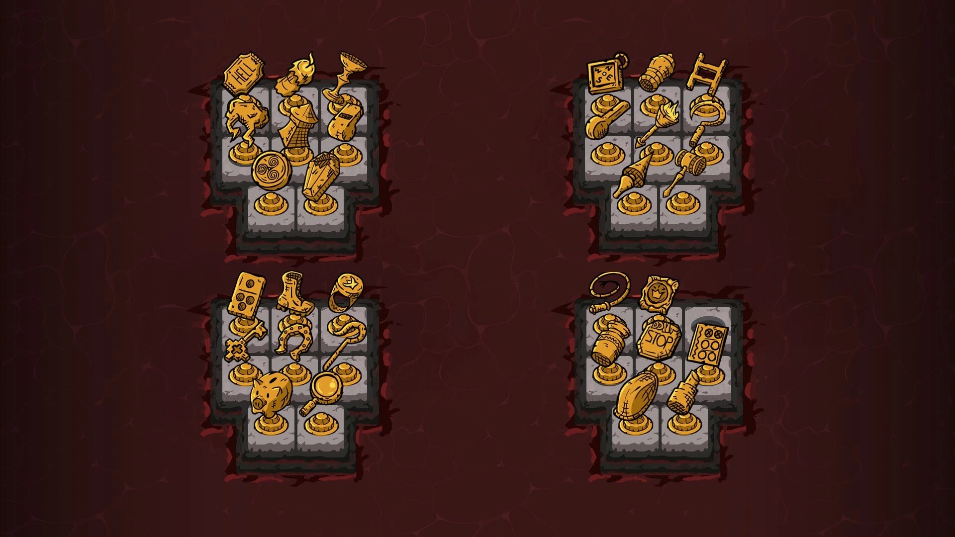 Hellmate: Four small chess boards filled with quirky golden pieces on a dark red hellish backdrop.