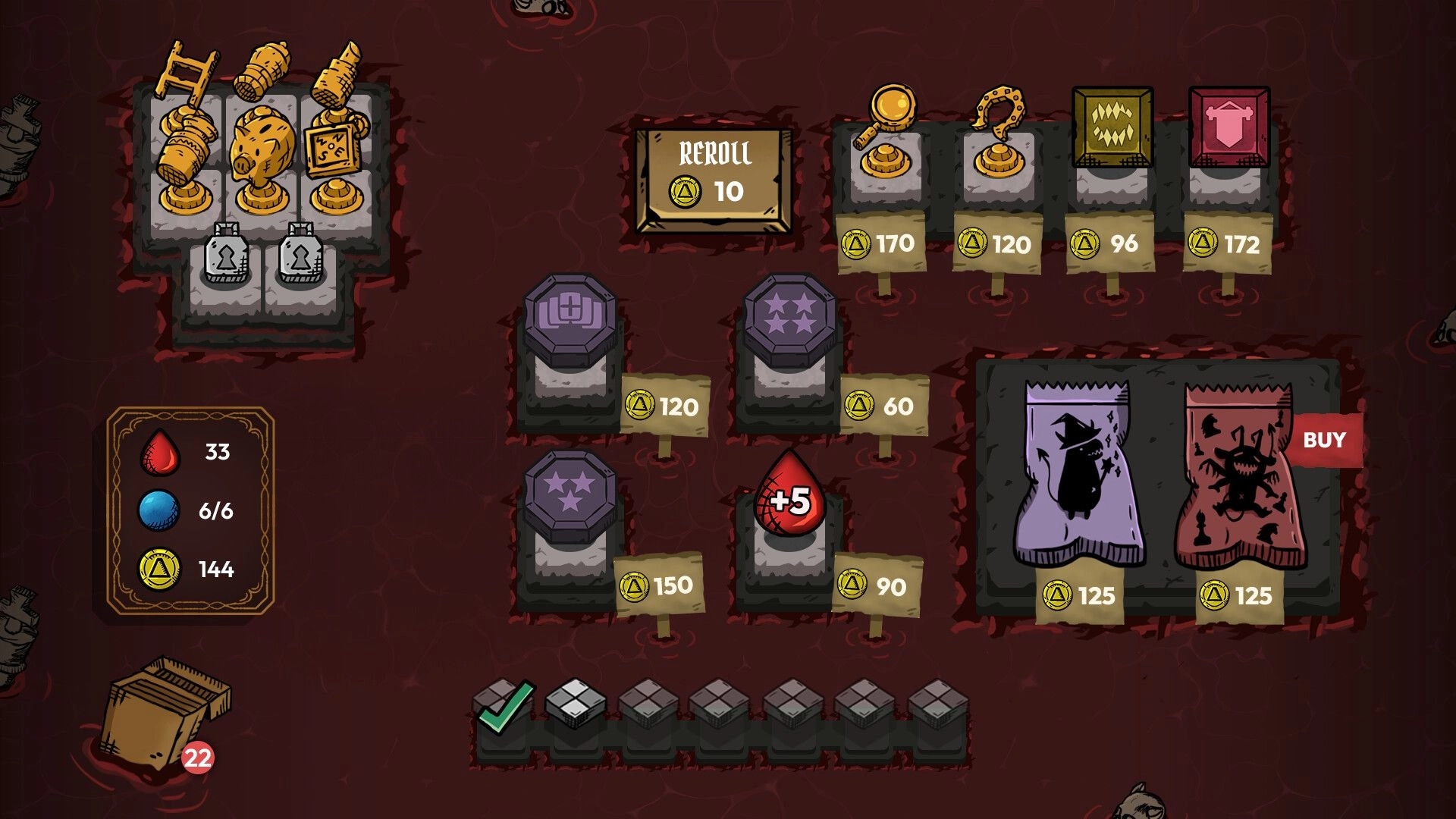 Hellmate: Shop screen with reroll button, priced items, and card packs on a hellish red board.