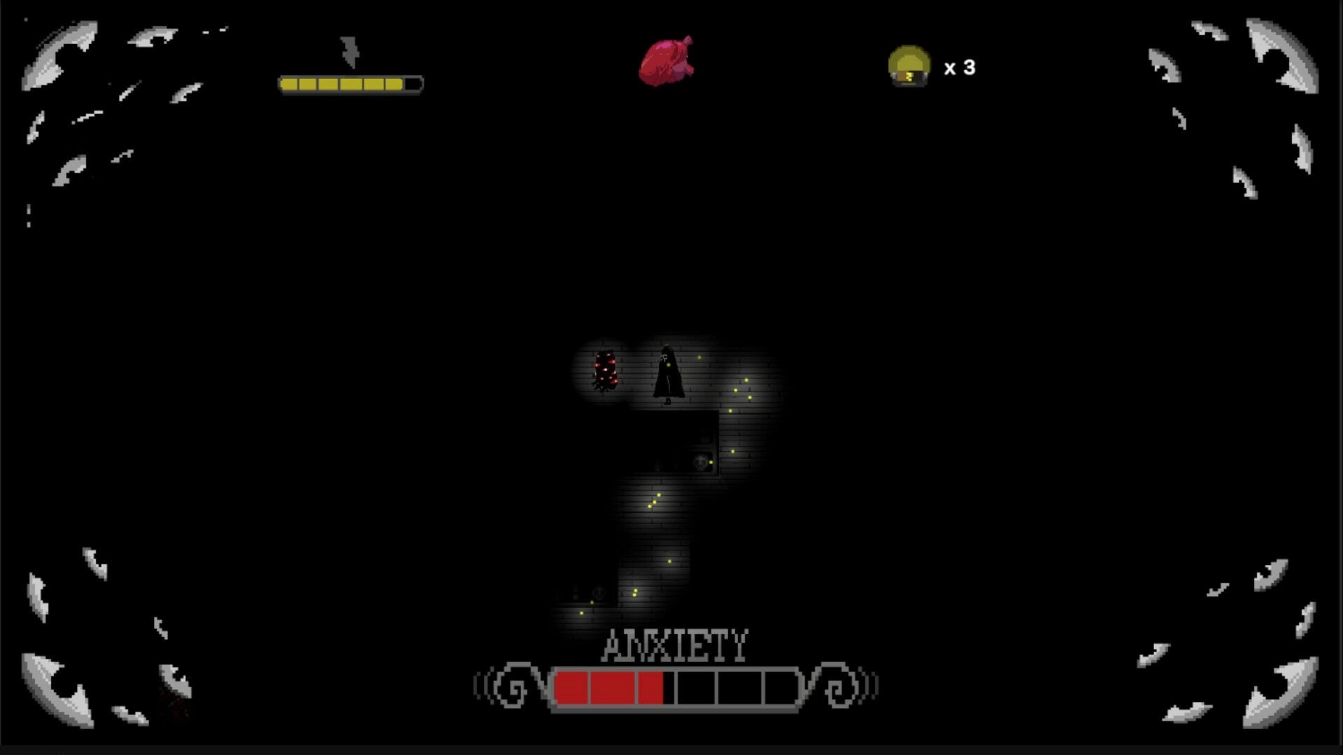 Hello Anxiety: Character navigates dark corridor with glowing path, anxiety meter half-filled