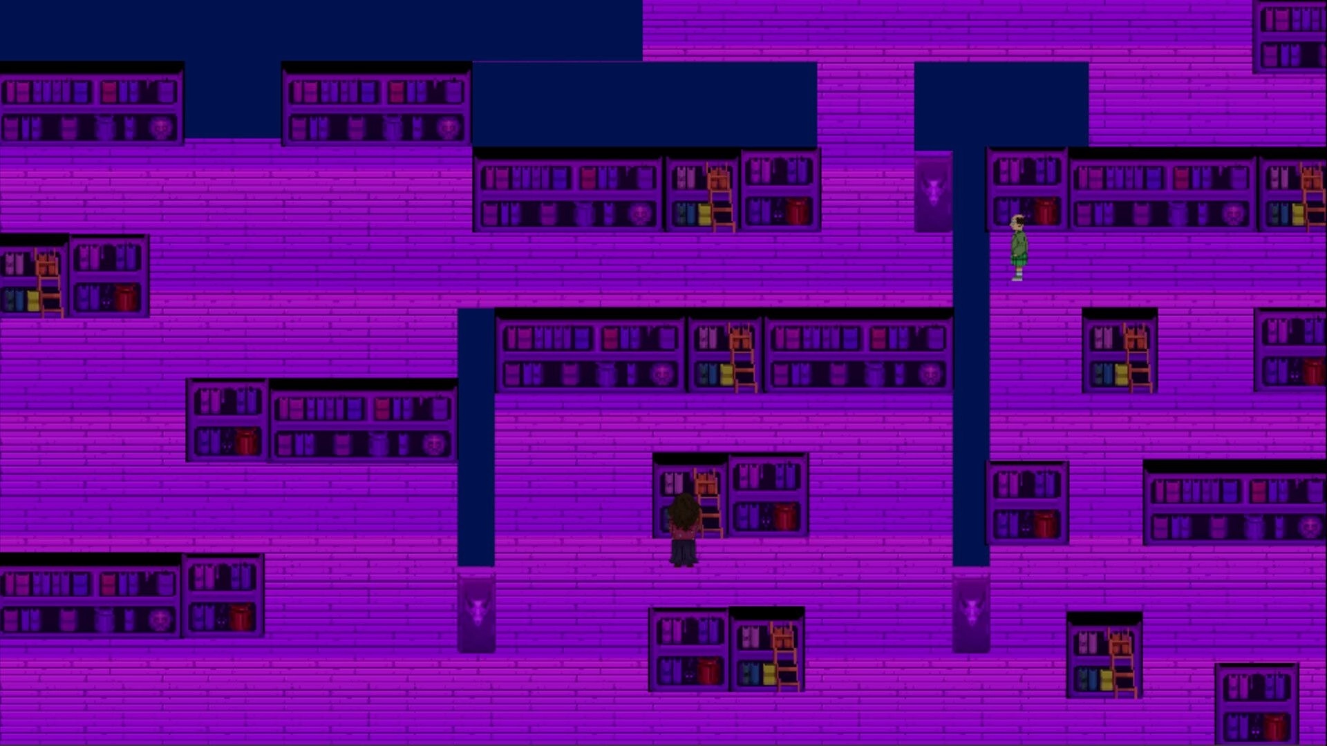 Hello Anxiety: Character explores a surreal bookstore with purple walls and towering shelves of books.