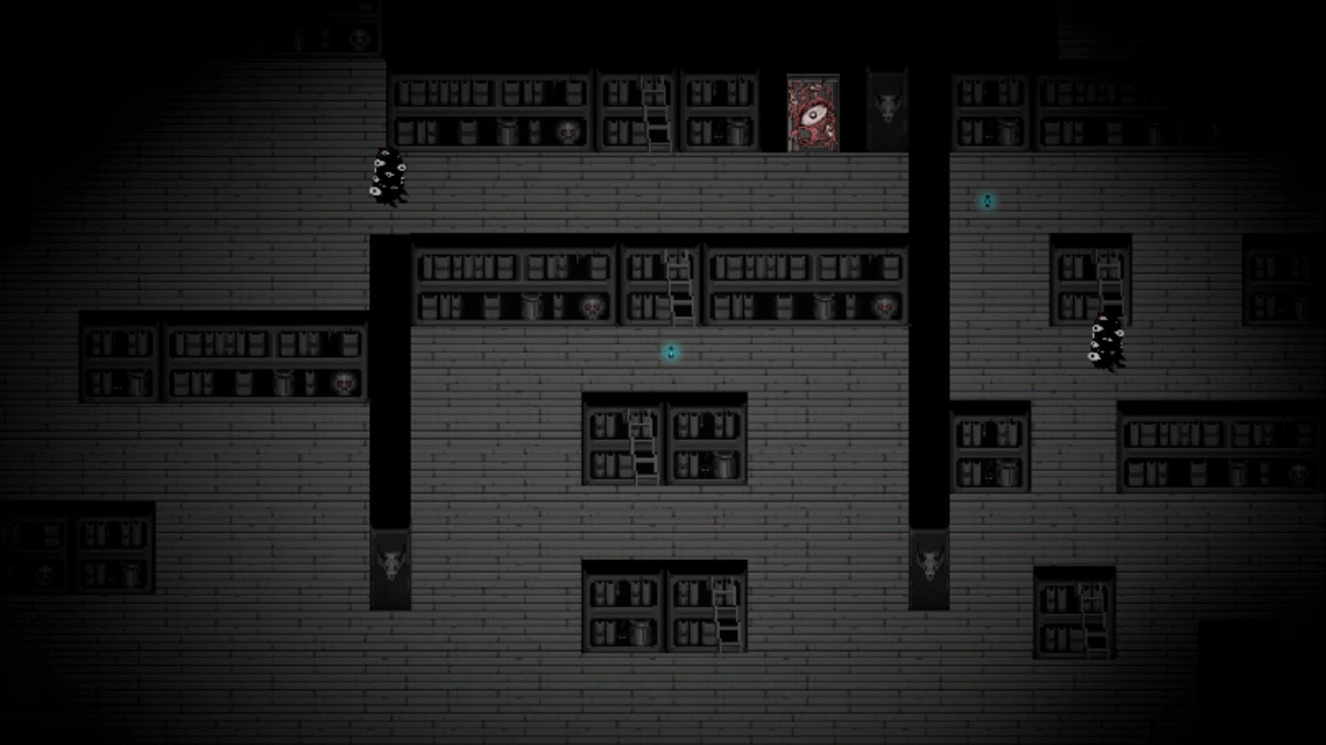 Hello Anxiety: Two shadowy figures navigate dimly lit library maze with eerie doors and glowing orbs