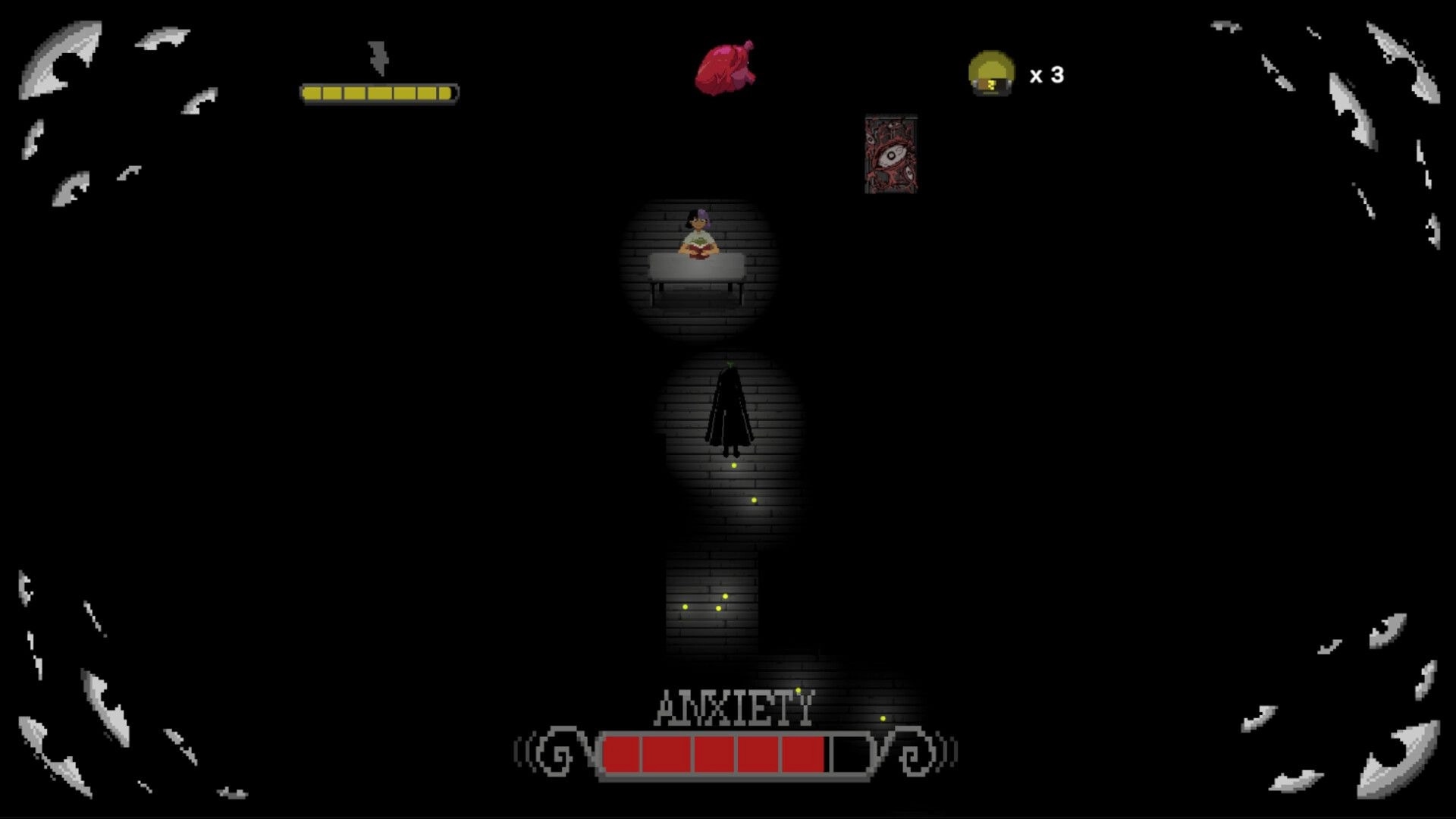 Hello Anxiety: Dark hallway exploration with character silhouette and anxiety meter at bottom of screen