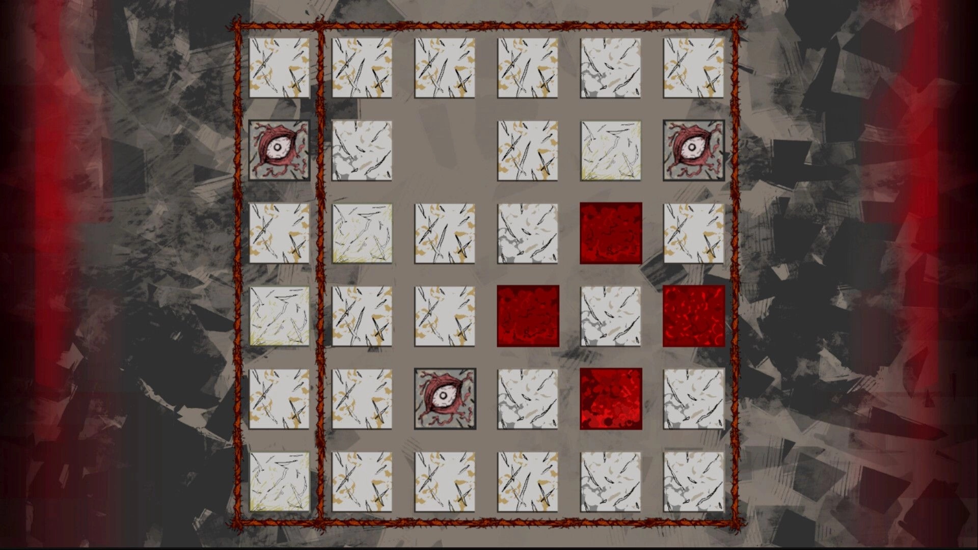Hello Anxiety: Puzzle grid with scattered red and white tiles, eerie eye symbols in a surreal backdrop.