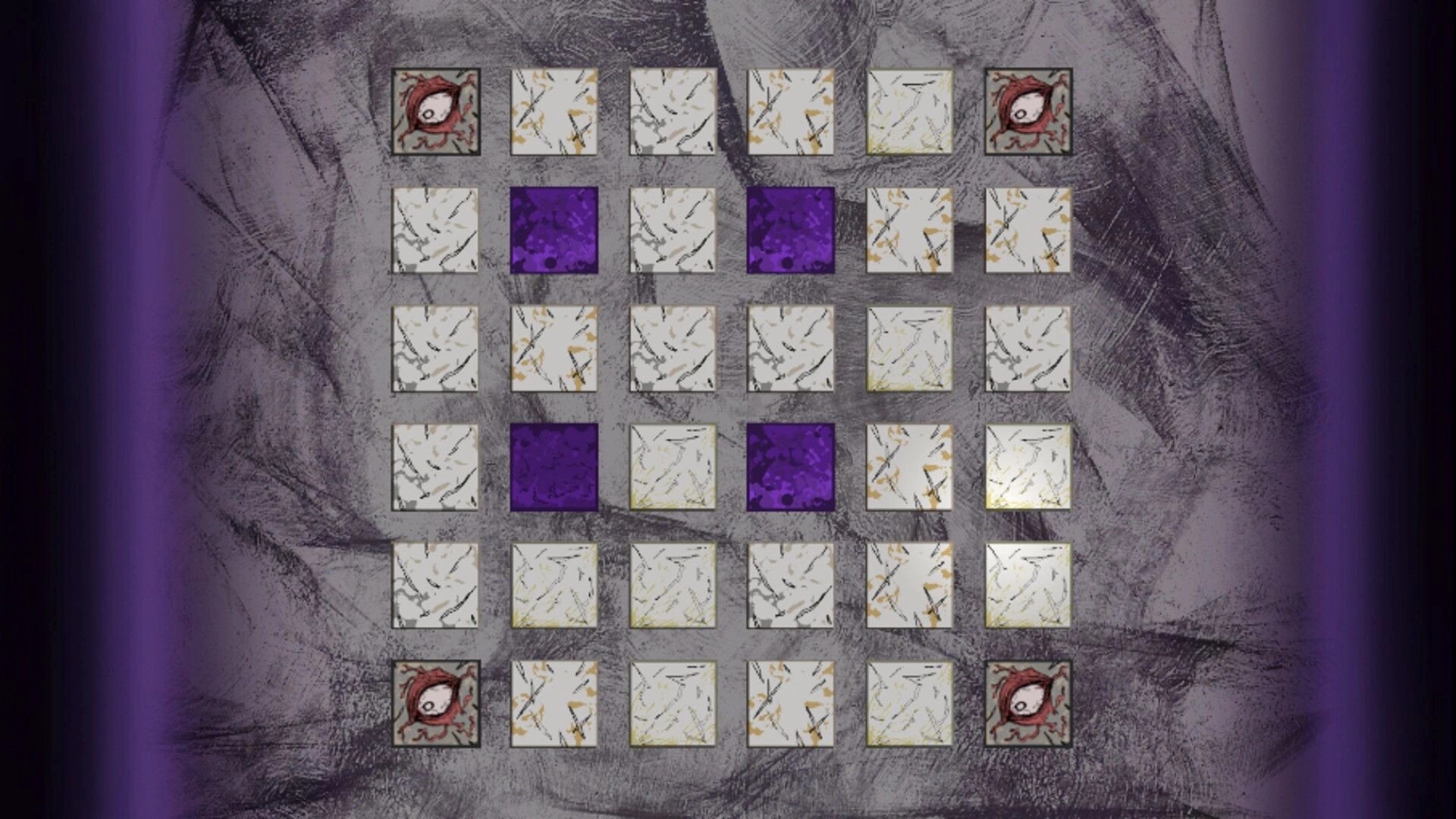 Hello Anxiety: Puzzle grid with white, purple tiles and eye symbols on a textured gray background