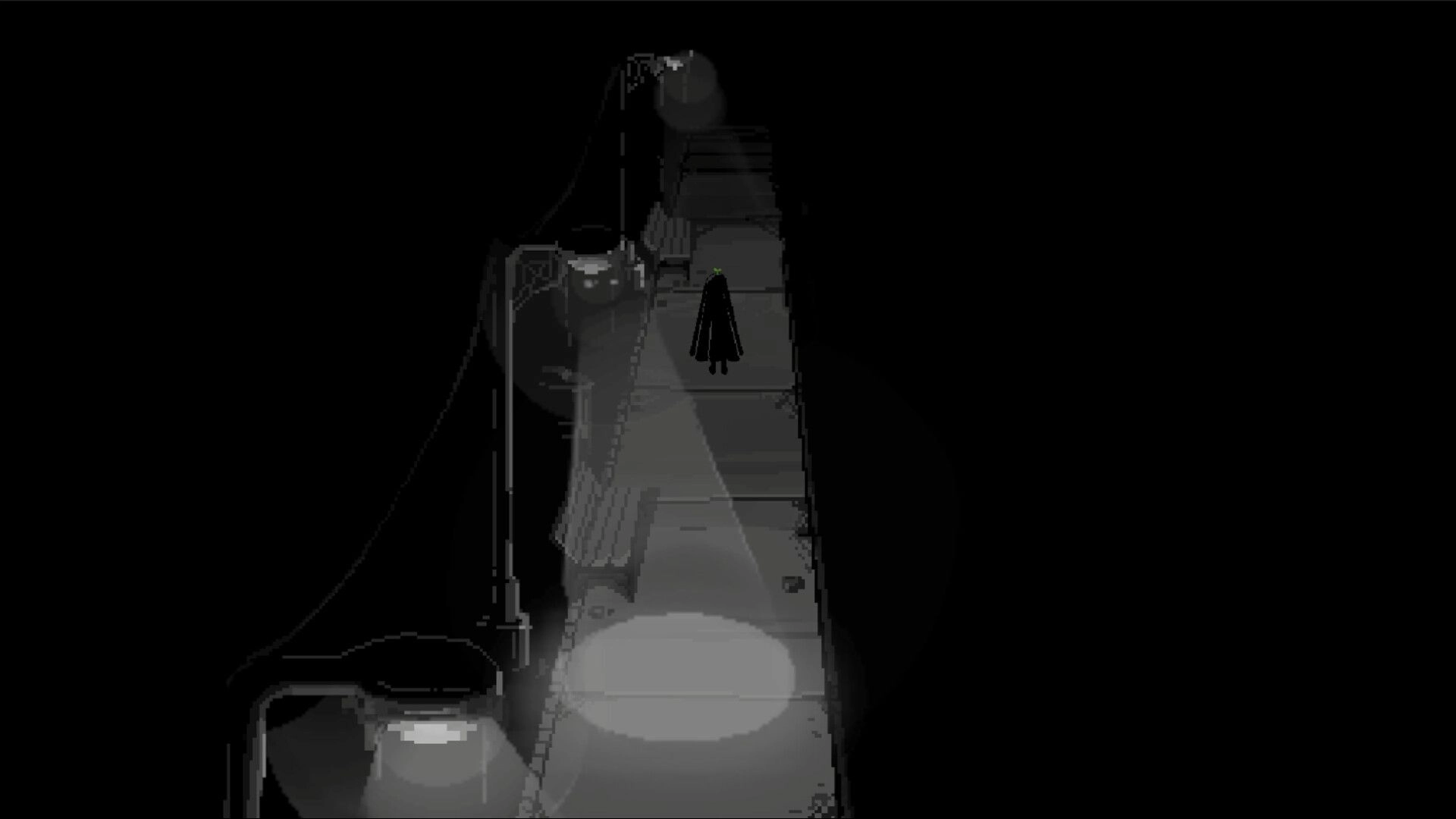 Hello Anxiety: Lone character walks under streetlights on a dimly lit, eerie sidewalk at night