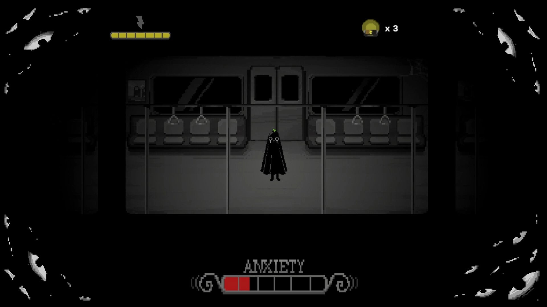 Hello Anxiety: Character stands alone in a dim subway car with anxiety meter partially filled at bottom.
