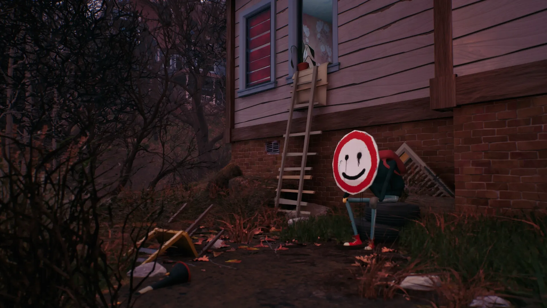 Hello Neighbor 3: Character hiding behind smiley sign near ladder and window in eerie backyard setting