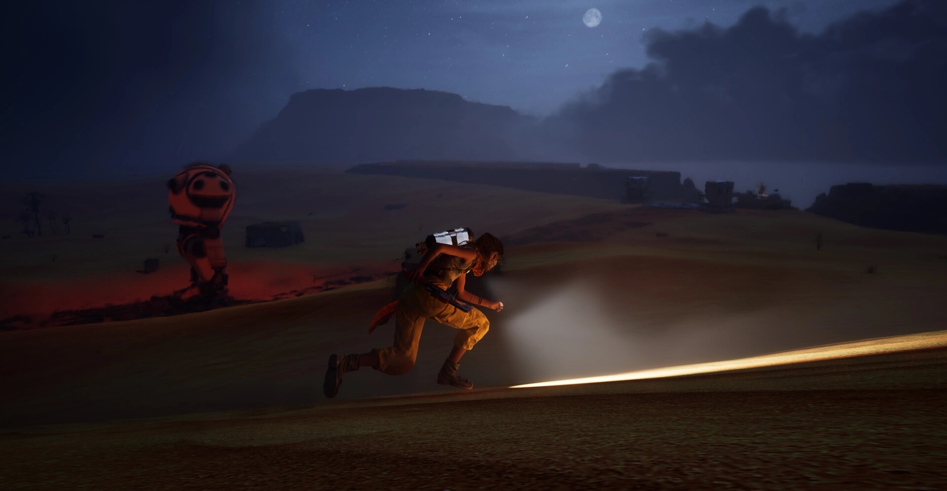 Hello Sunshine: Character runs with flashlight in desert night near giant robot under moonlit sky