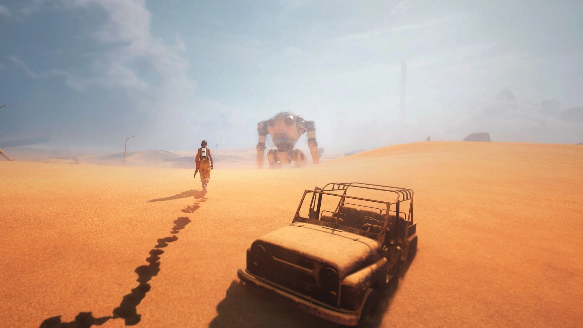 Hello Sunshine: Character walks toward a giant robot in a desert, abandoned vehicle in foreground