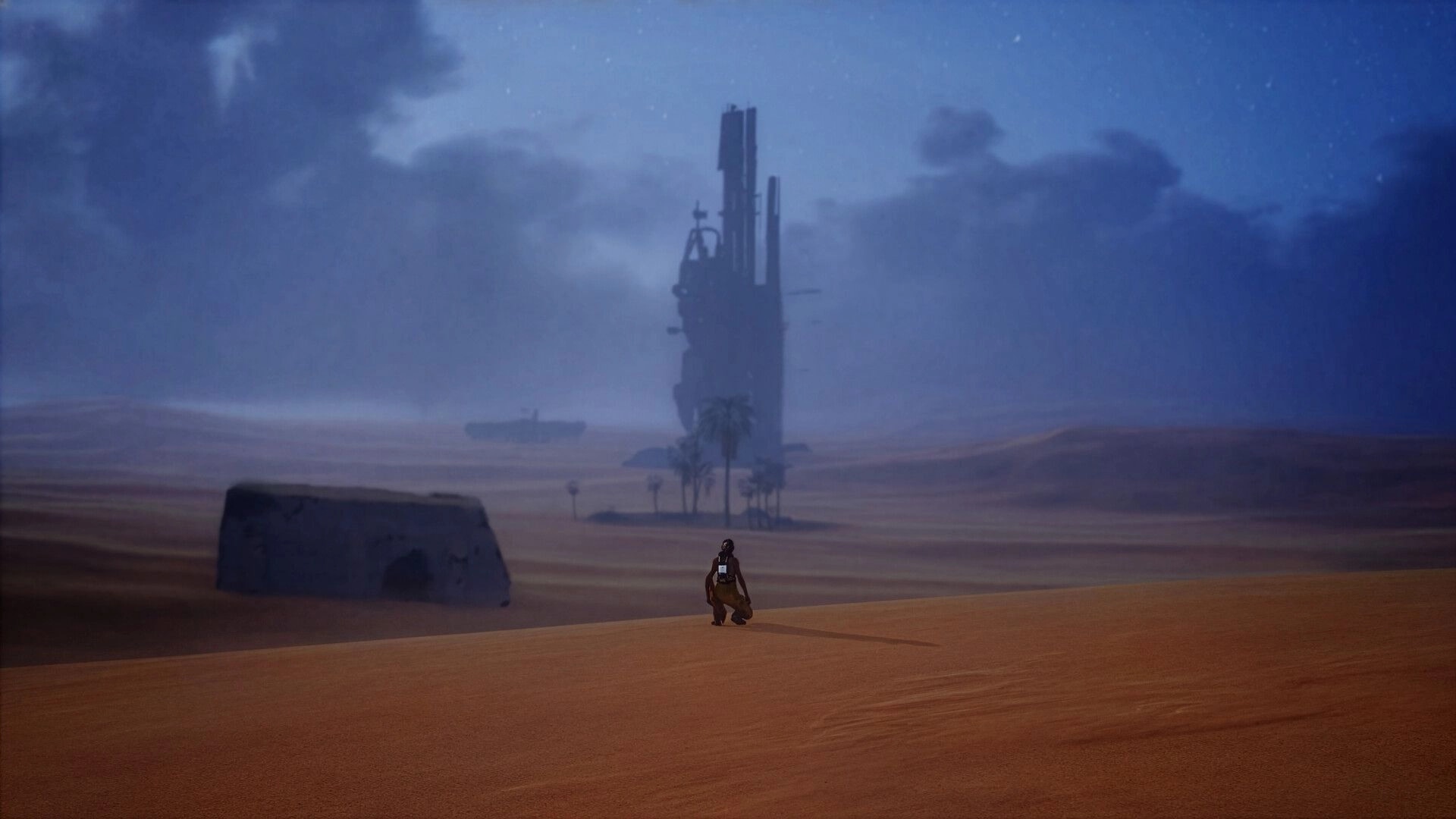 Hello Sunshine: Lone figure treks across desert towards distant ruins under a starry night sky