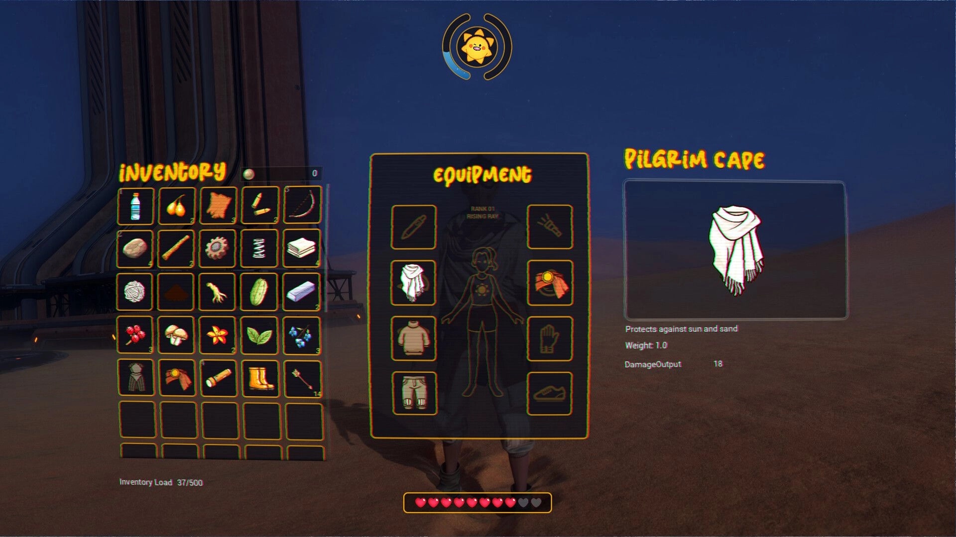 Hello Sunshine: Inventory and equipment menu open in a desert setting with Pilgrim Cape details visible.