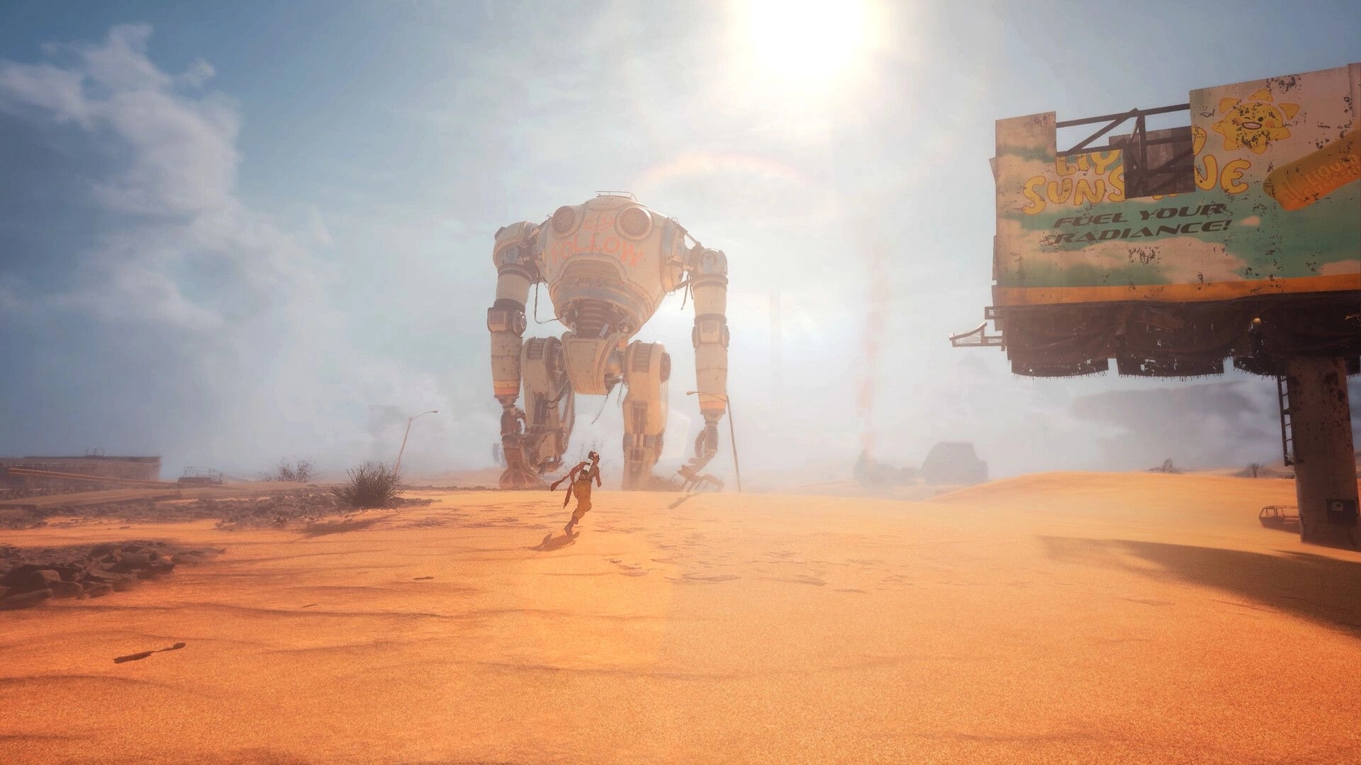 Hello Sunshine: Character walks in desert shadow of giant robot with billboard in background
