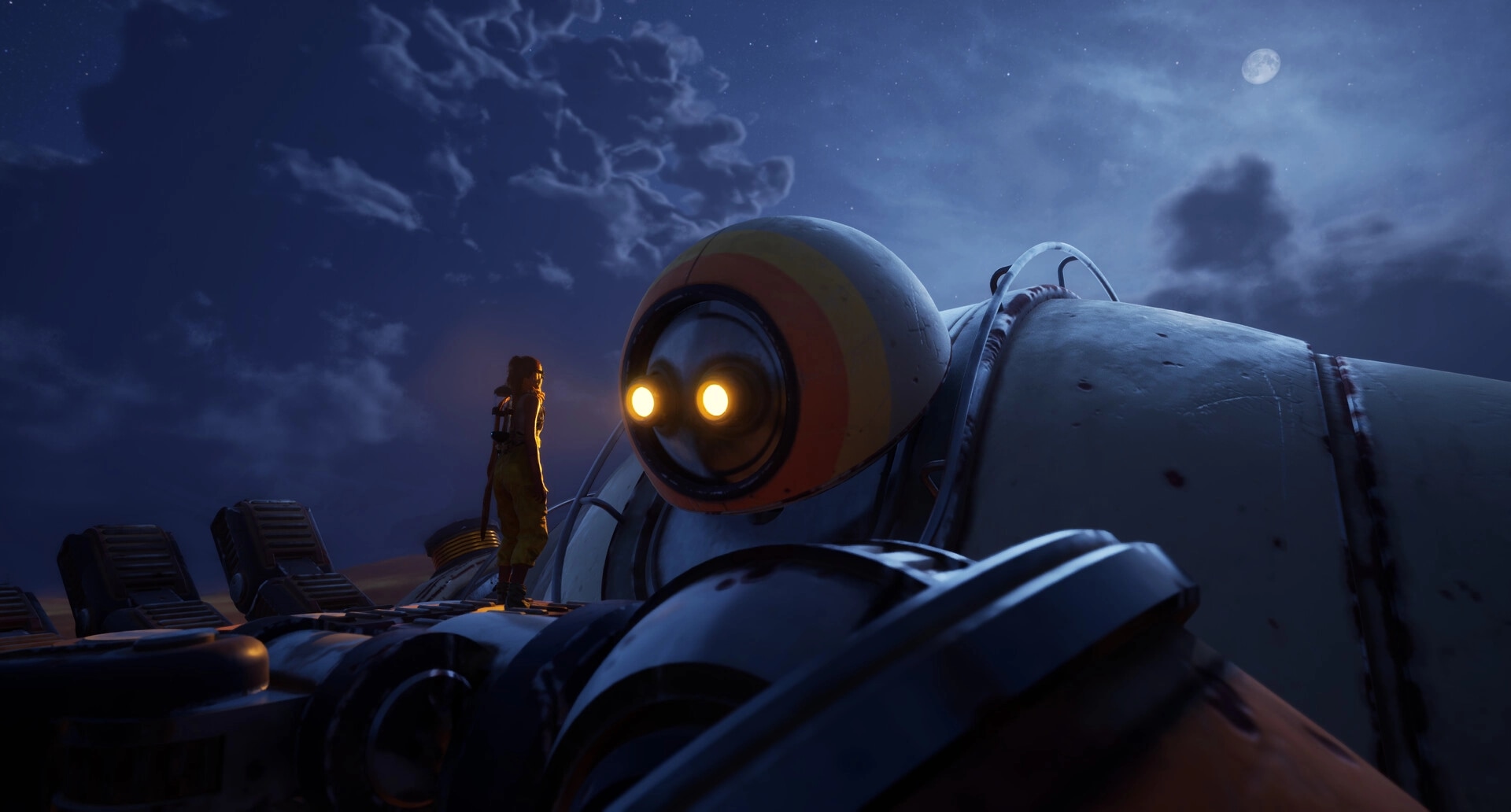 Hello Sunshine: Character stands on giant robot under moonlit sky, silhouetted against night clouds