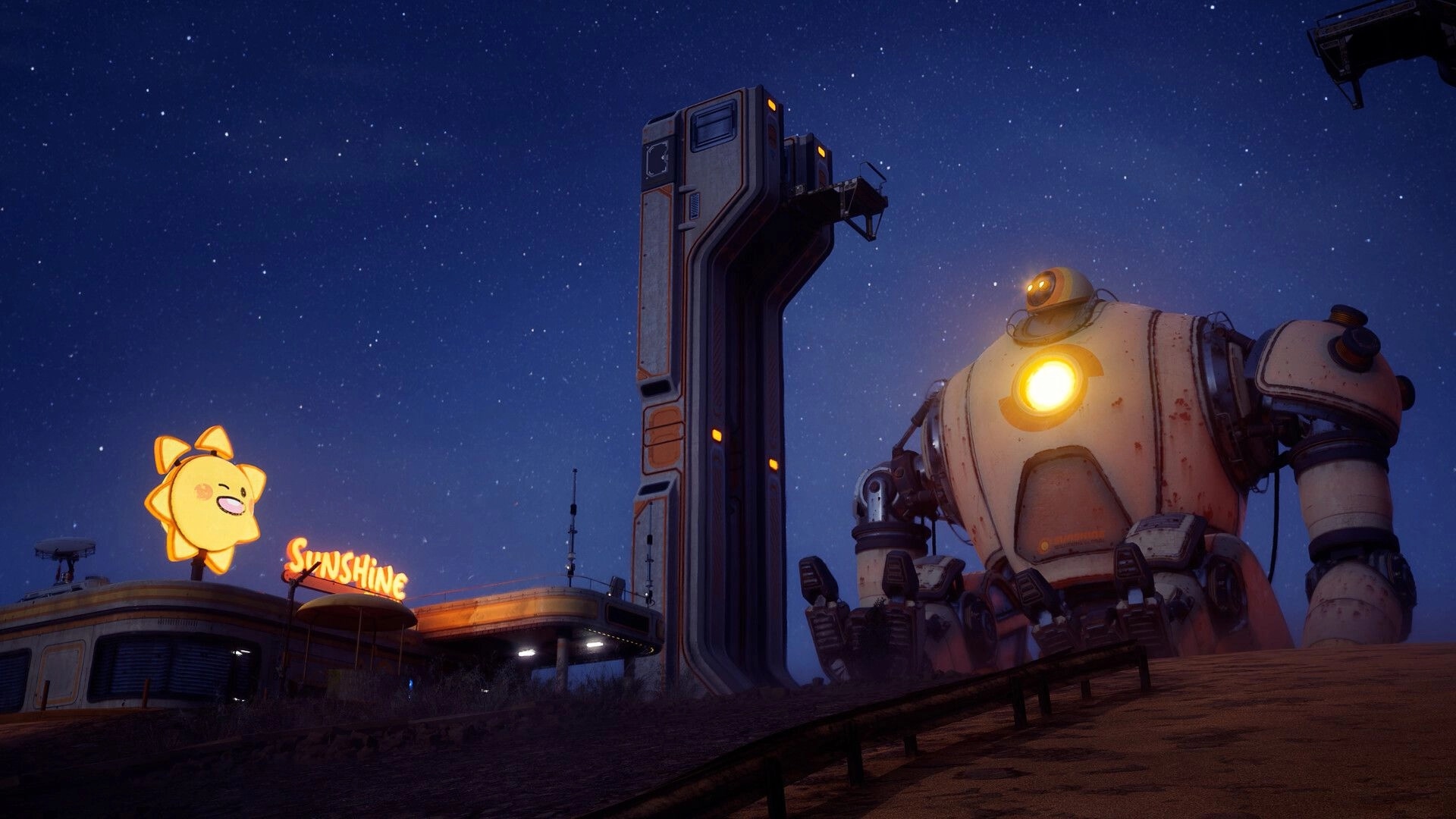 Hello Sunshine: Giant robot with glowing chest beside a building with a sun sign under a starry sky