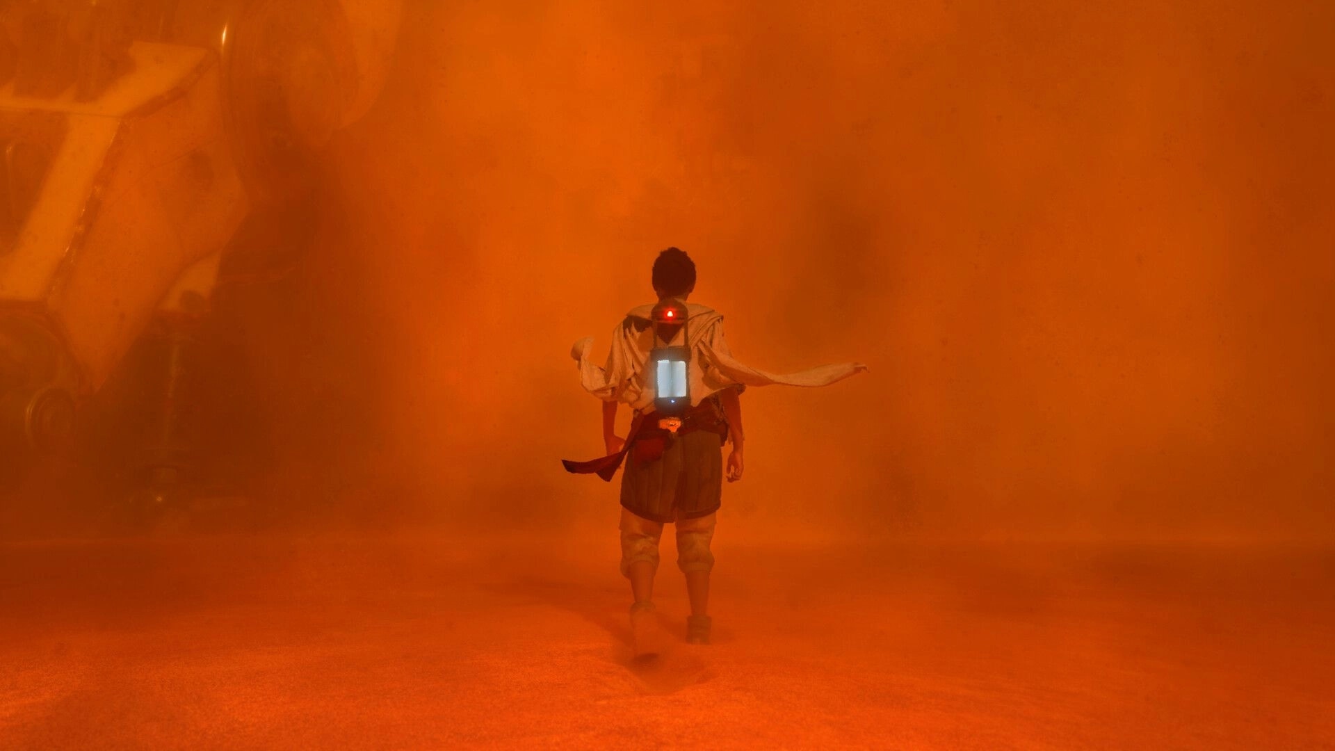 Hello Sunshine: Character sits on giant robot's hand in warm, orange-hued environment.