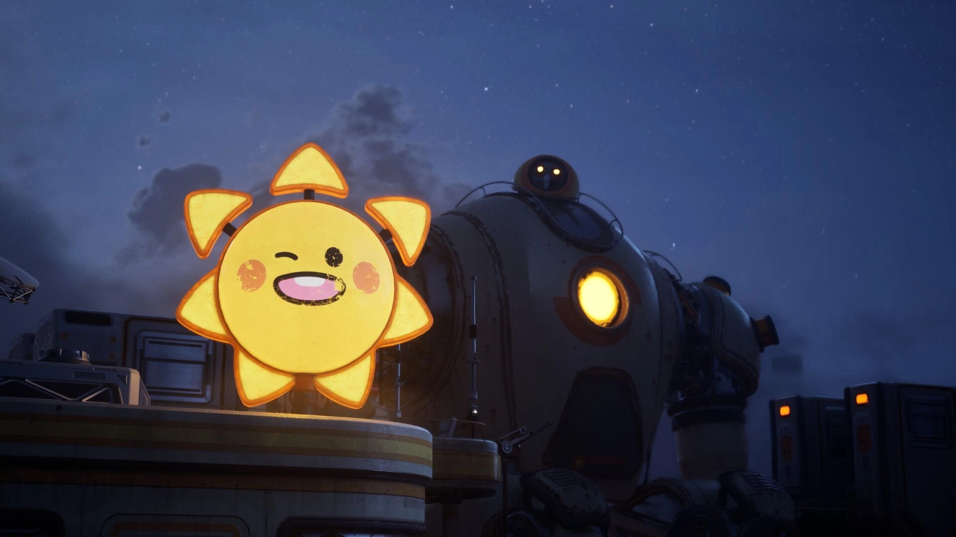 Hello Sunshine: Giant robot stands beside illuminated sun sign under starry night sky in industrial ruins