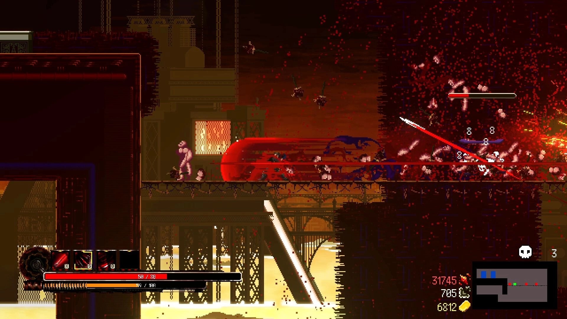 HellPunk: Asher Drake fighting enemies on a bridge with health and inventory UI in a dark industrial setting