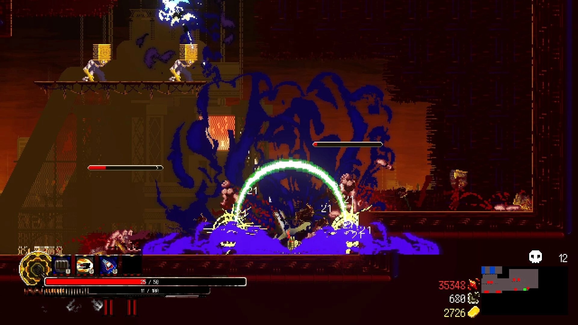 HellPunk: Asher Drake battling enemies amidst purple explosions in a dark, fiery dungeon setting.