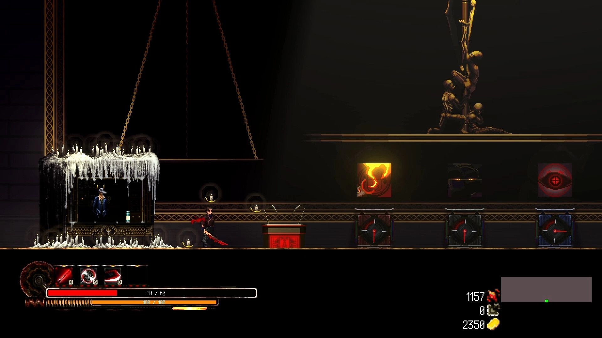 HellPunk: Asher Drake stands in candlelit room with icy altar, UI shows health and abilities status.