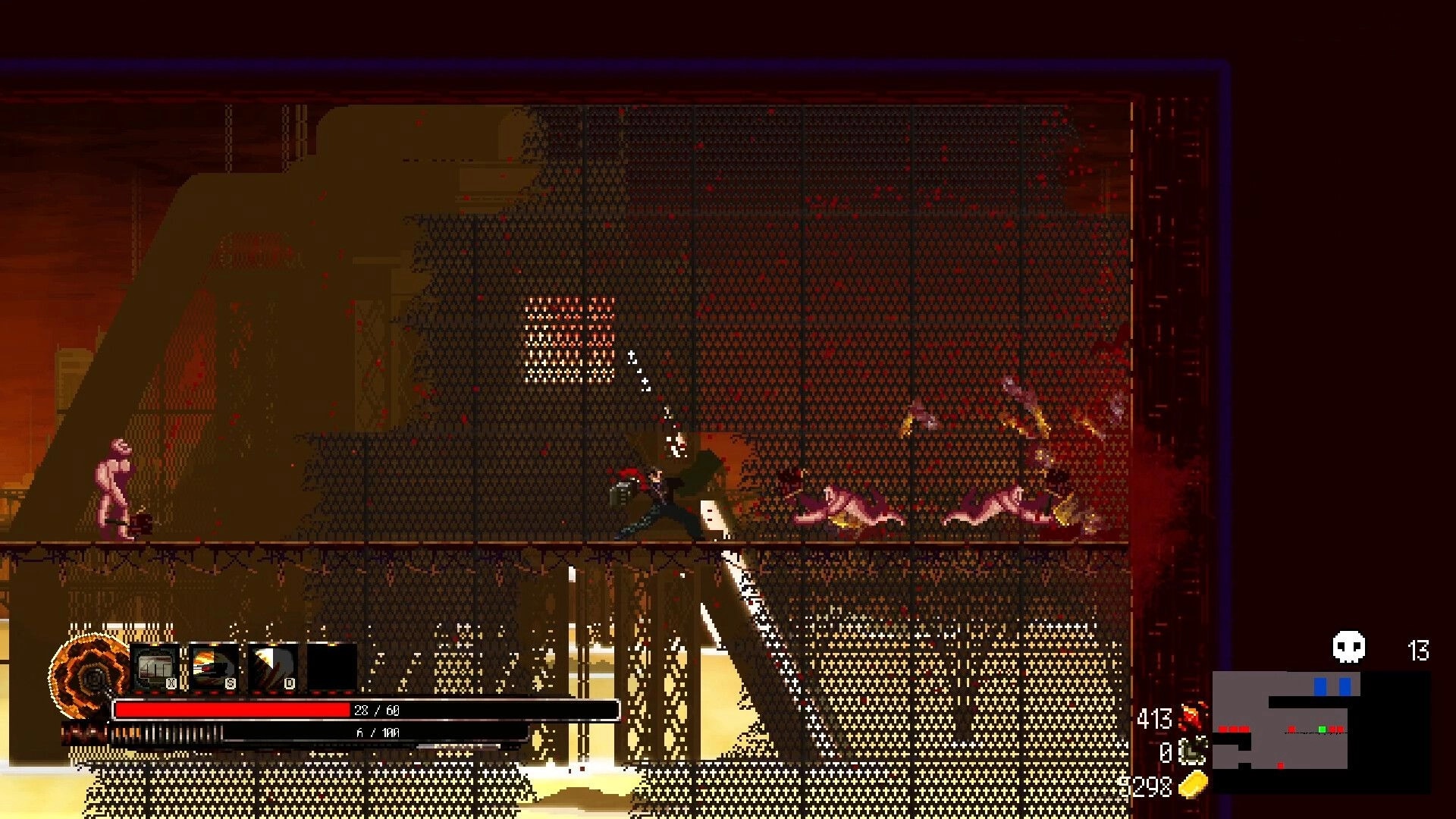 HellPunk: Asher Drake battles creatures on a bridge with health and inventory displayed in Purgatorium.